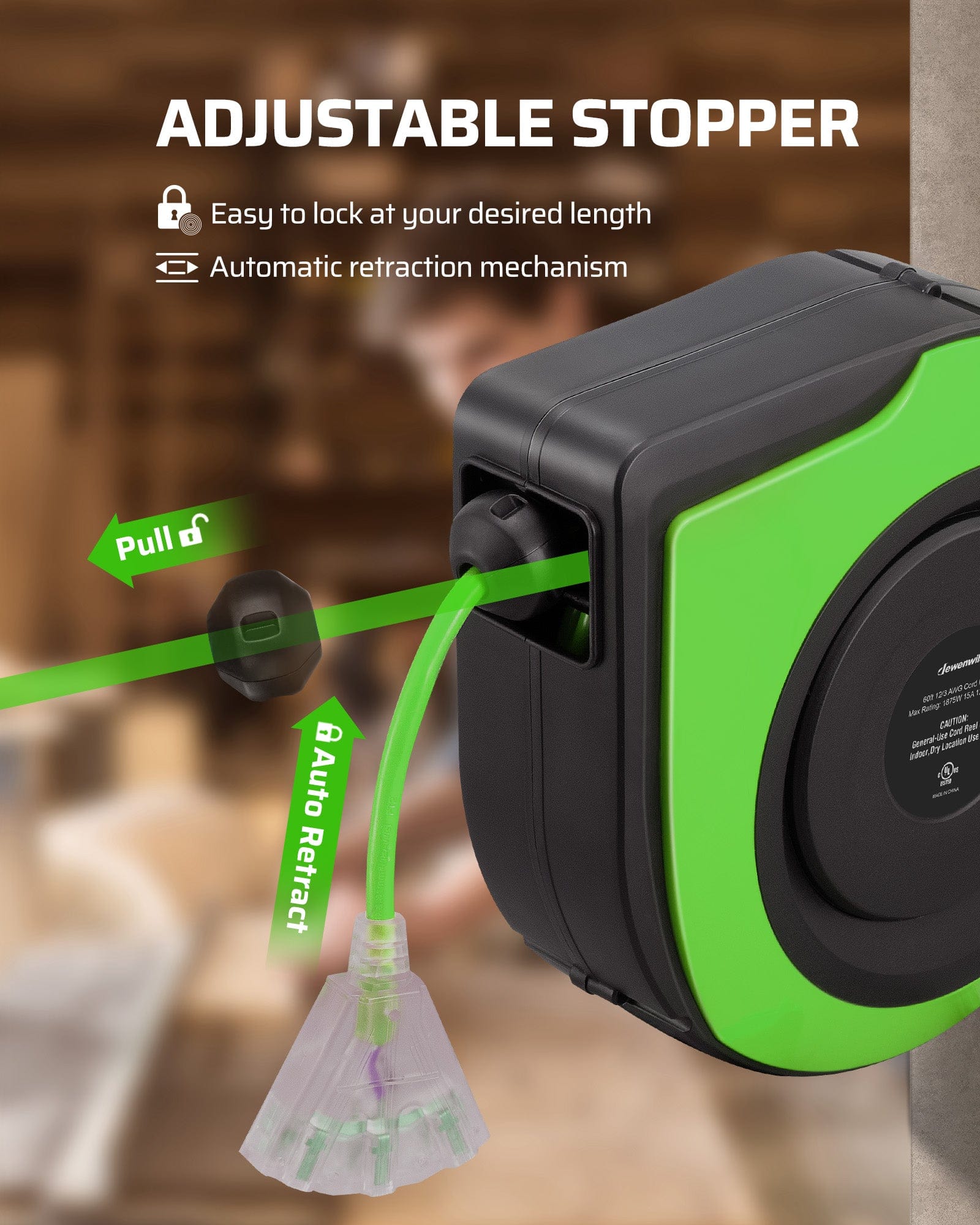 60ft Retractable Extension Cord Reel: Features an adjustable stopper for custom length locking and an automatic retraction mechanism.