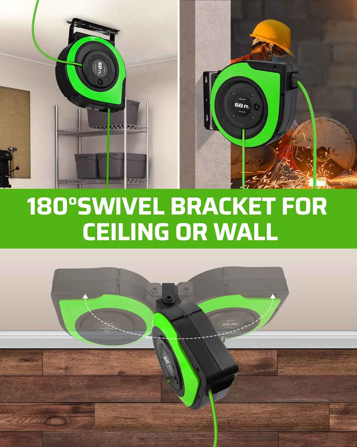 DEWENWILS Extension Cord Reel, 60FT Retractable Cord Reel, 12AWG/3C SJTOW, Lighted Triple Tap Outlets, Retractable Extension Cord Reel, 15A Circuit Breaker, Wall/Ceiling Mounted Heavy Duty Power Cord-HCRA60S