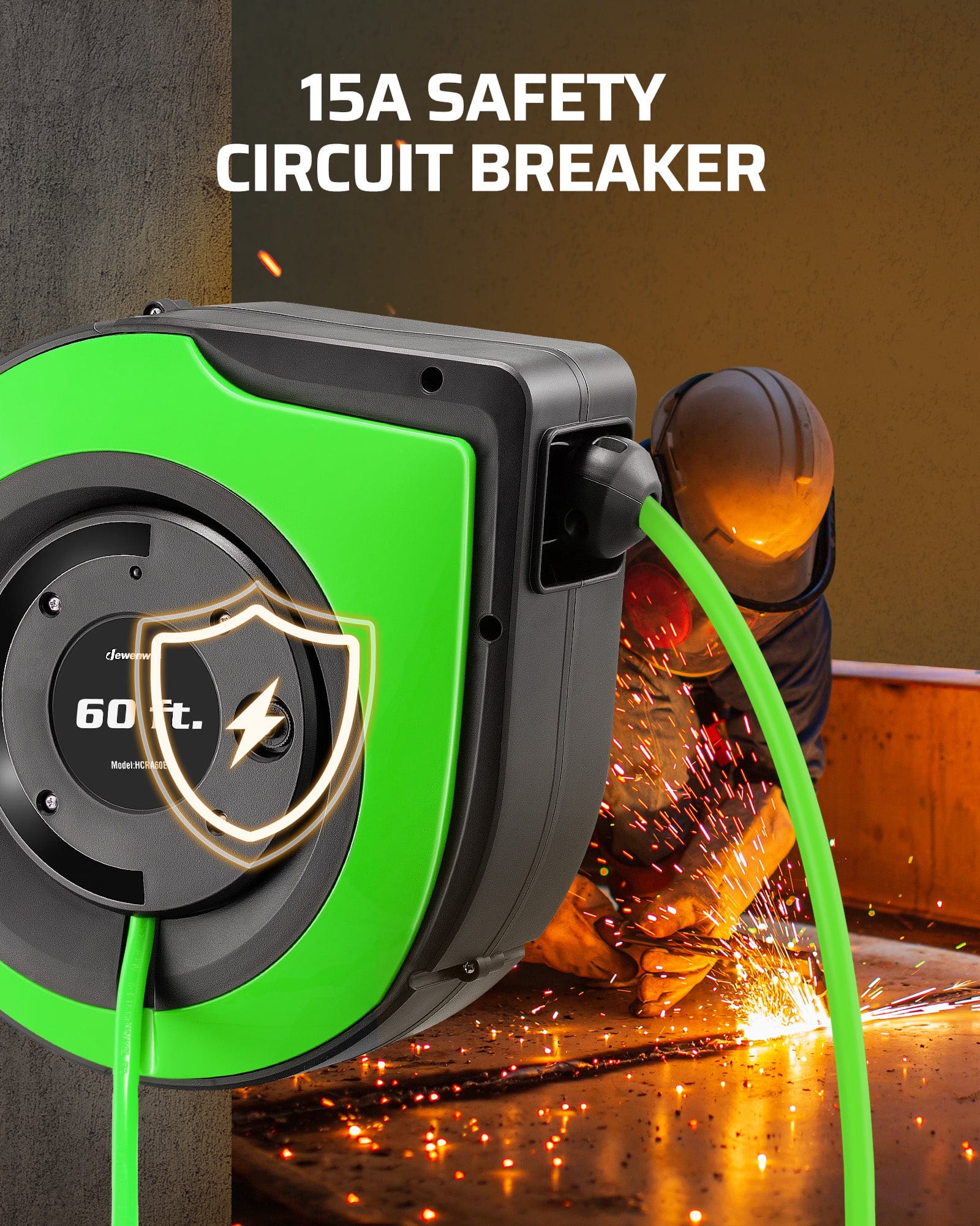 60ft Retractable Extension Cord Reel: Includes a 15A safety circuit breaker to protect against overloads.