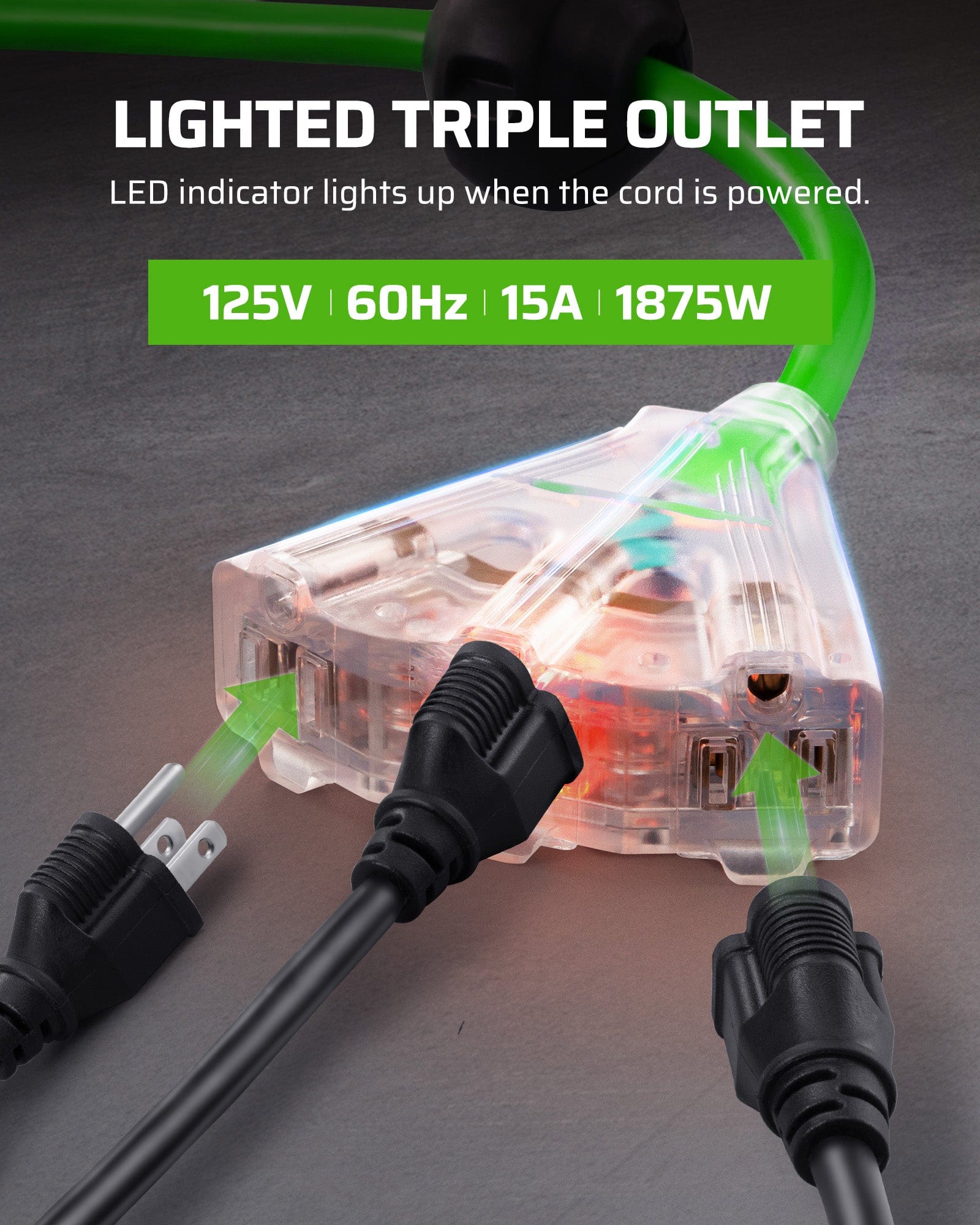 60ft Retractable Extension Cord Reel: Features a lighted triple outlet with an LED indicator, rated for 15A/125V/1875W.