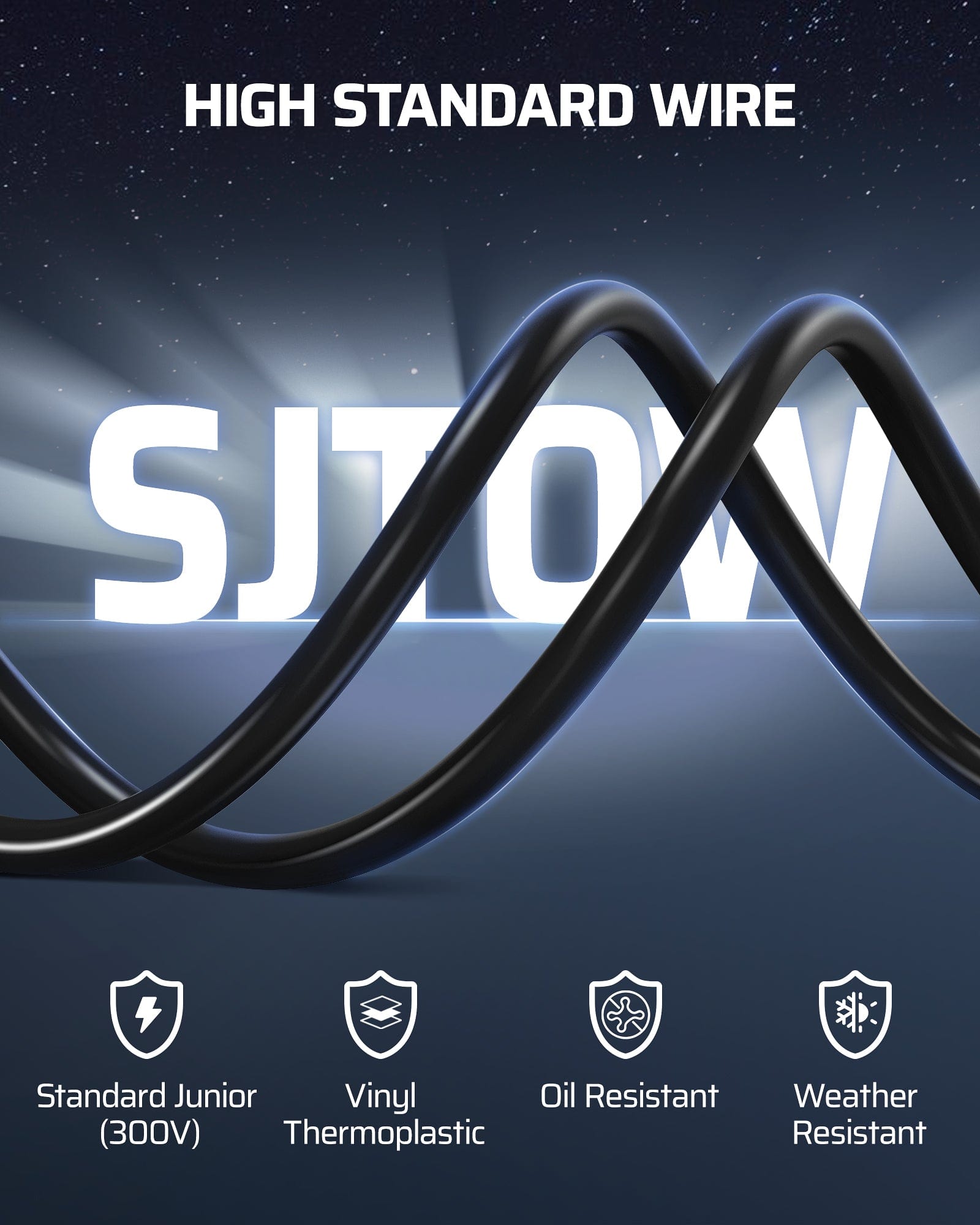 60FT Extension Cord Reel: Heavy-duty SJTOW cord (300V) features an oil and weather-resistant vinyl thermoplastic jacket for ultimate durability and safety