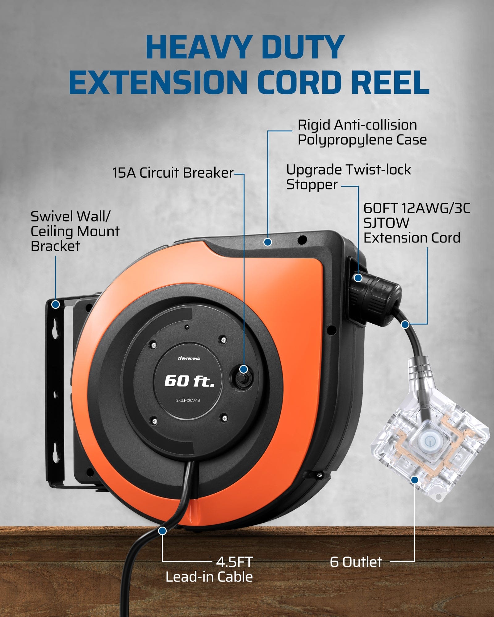60FT Extension Cord Reel: Heavy-duty 12AWG/3C SJTOW cord with 6 outlets, 15A circuit breaker, and 4.5FT lead-in cable in a rigid anti-collision case.
