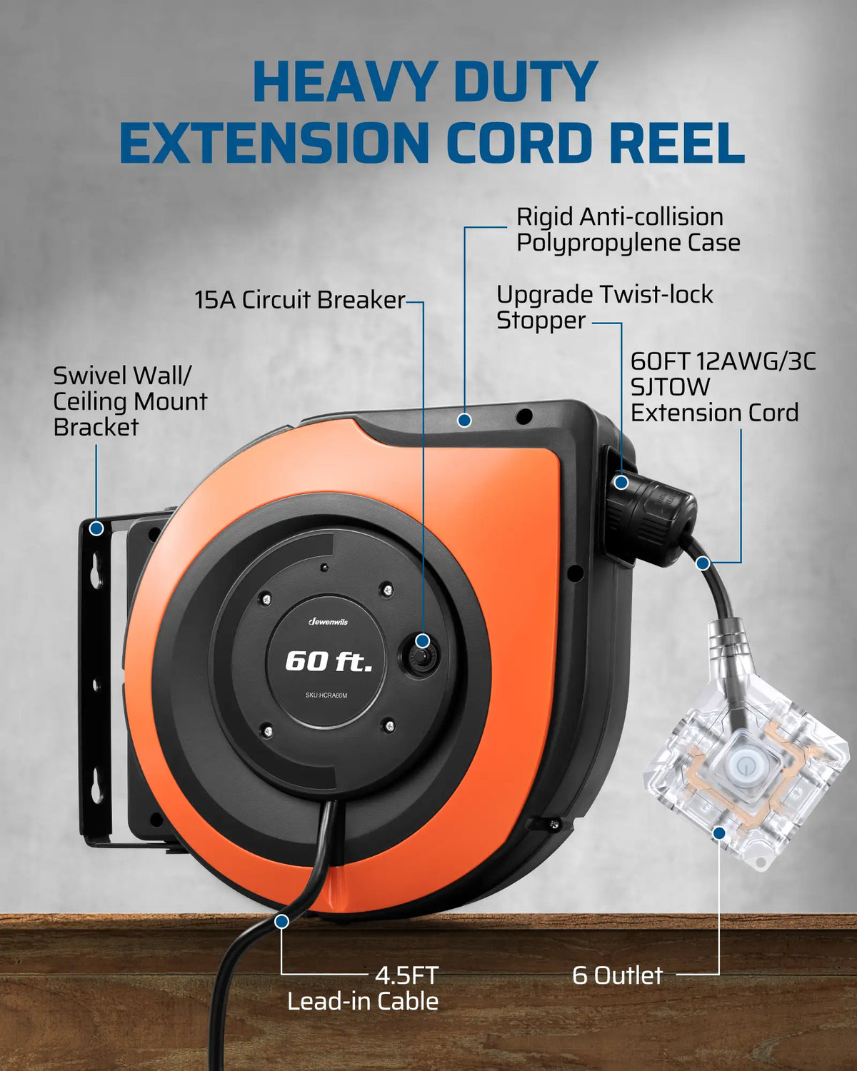 DEWENWILS Extension Cord Reel, 60FT Retractable Cord Reel, 12AWG/3C SJTOW, Lighted Triple Tap Outlets, Retractable Extension Cord Reel, 15A Circuit Breaker, Wall/Ceiling Mounted Heavy Duty Power Cord-HCRA60S