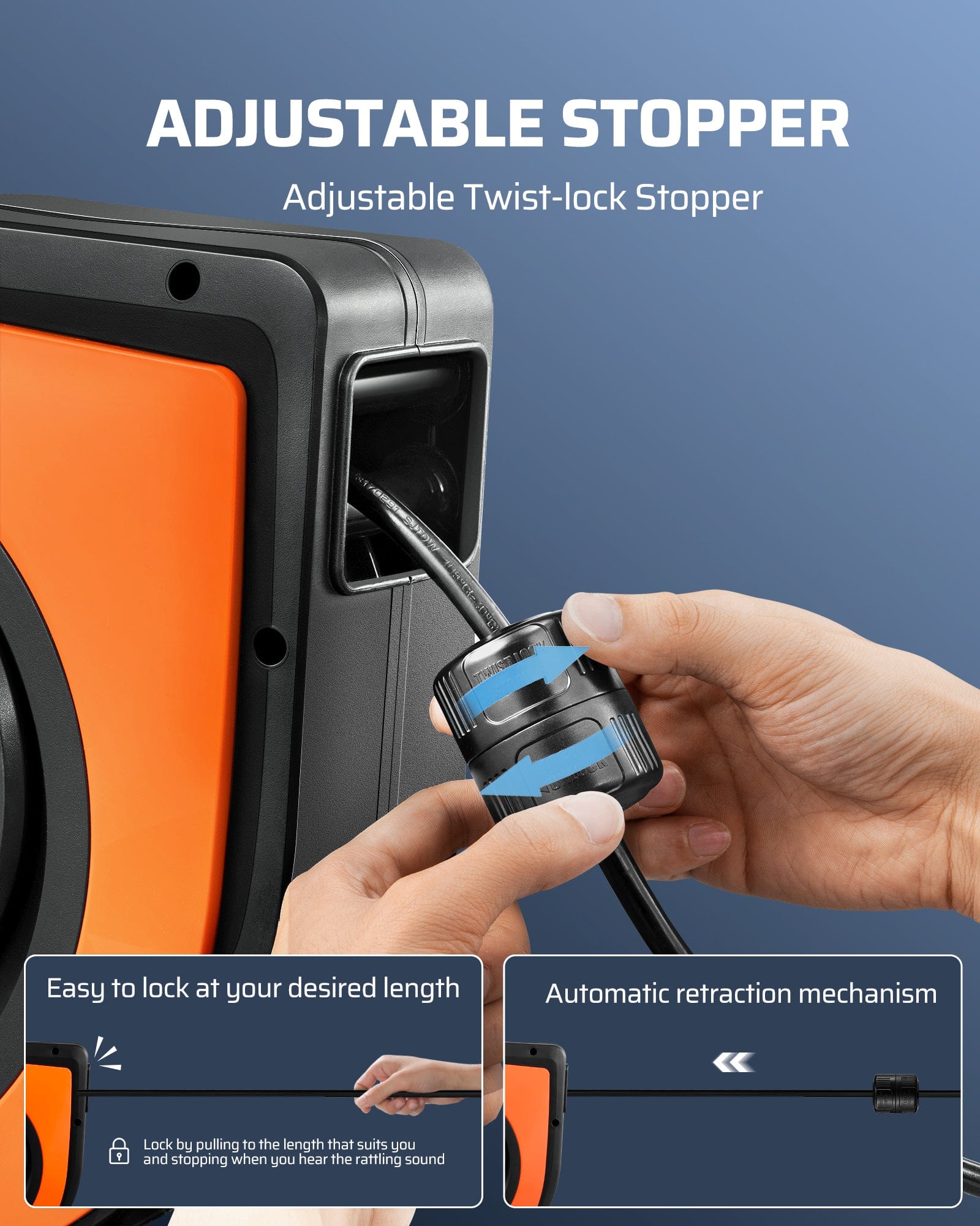 60FT Extension Cord Reel: Features an adjustable twist-lock stopper, allowing you to easily lock the cord at your desired length for custom reach and safety.