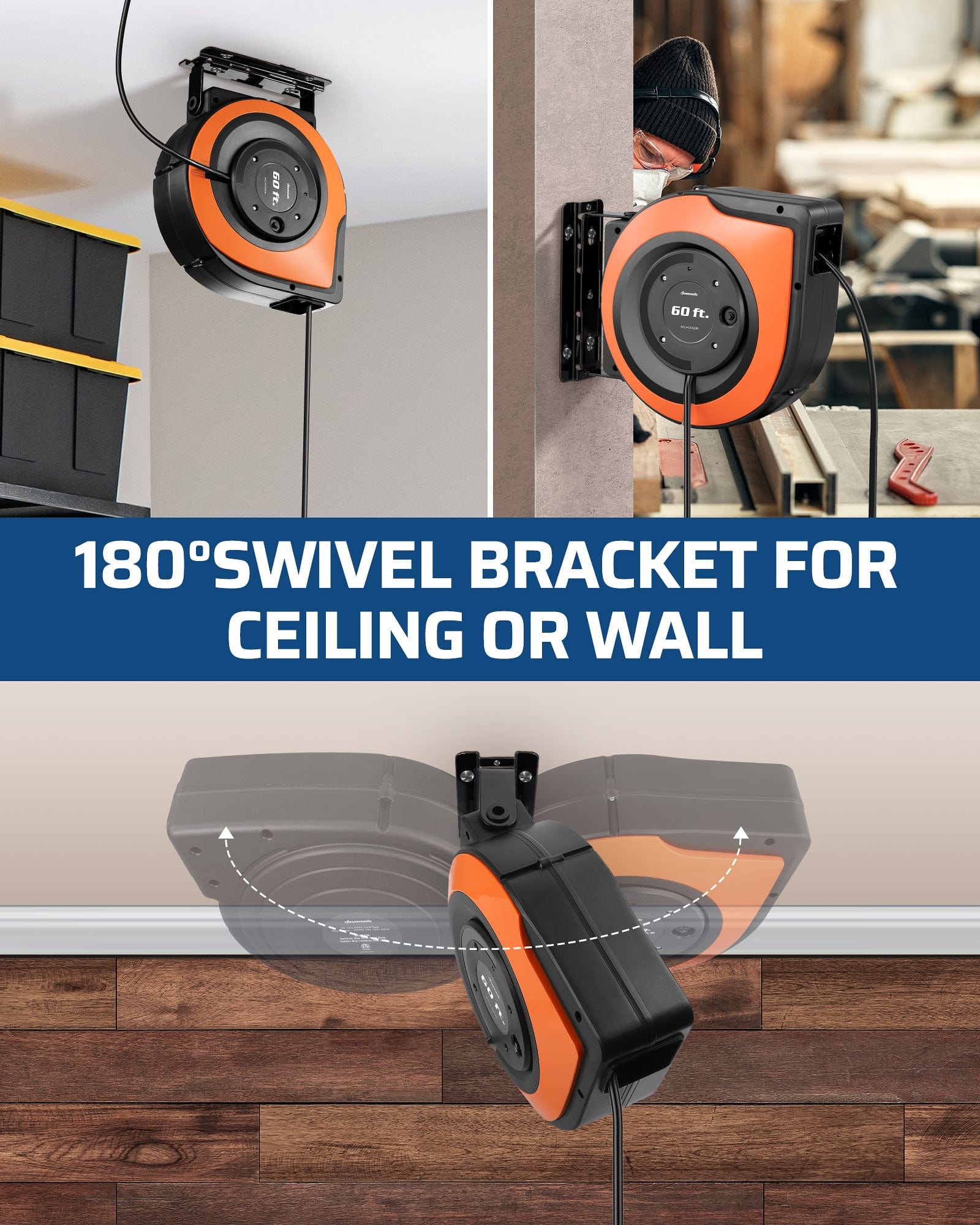 60FT Extension Cord Reel: 180° swivel bracket for ceiling or wall mounting. Offers flexible movement and wide-range power access across your entire workspace.