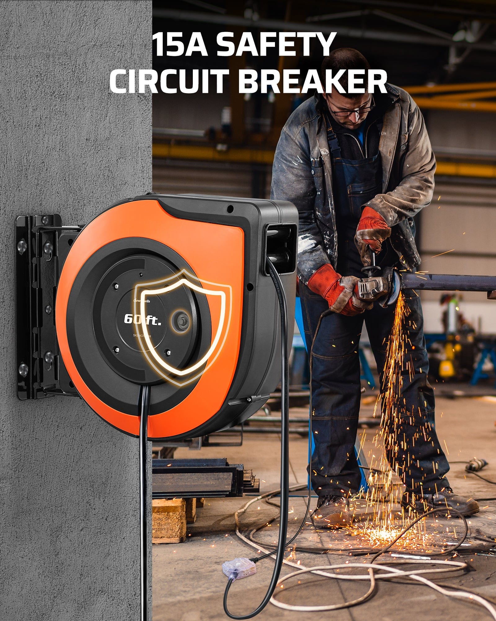 60FT Extension Cord Reel: Built-in 15A circuit breaker with reset button protects against overloads by cutting power. Ensures safety for high-draw shop tools.