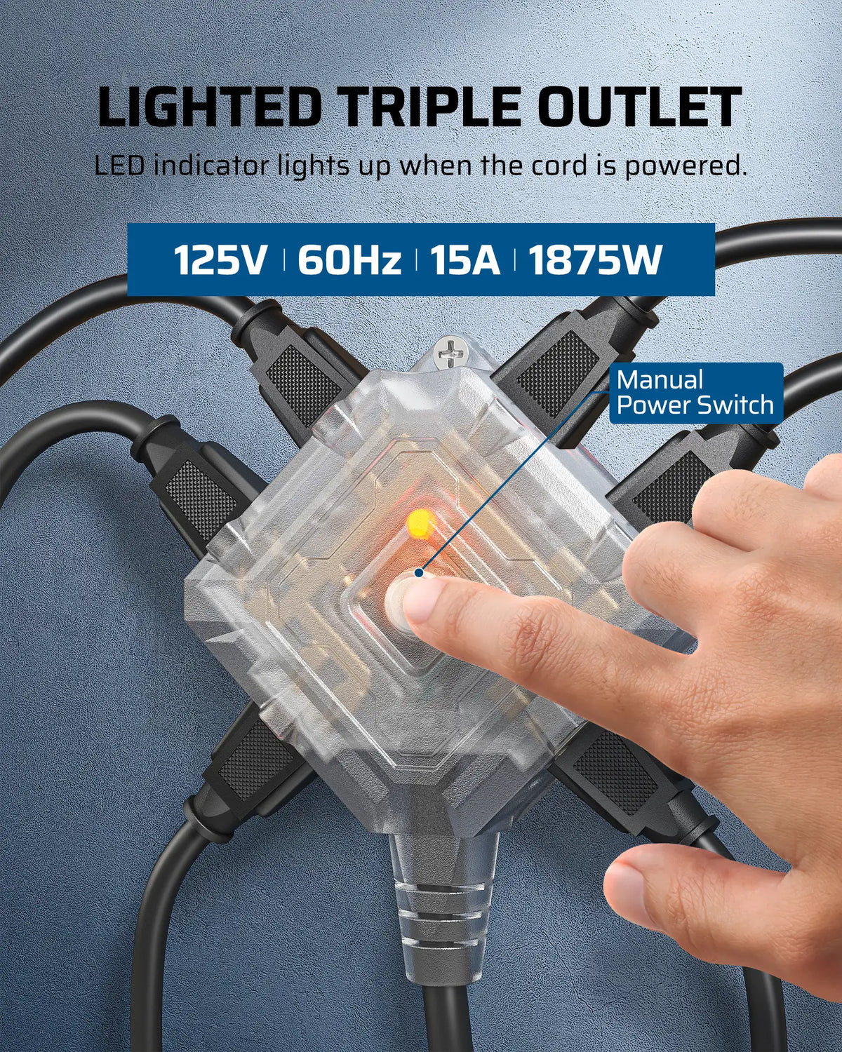 DEWENWILS Extension Cord Reel, 60FT Retractable Cord Reel, 12AWG/3C SJTOW, Lighted Triple Tap Outlets, Retractable Extension Cord Reel, 15A Circuit Breaker, Wall/Ceiling Mounted Heavy Duty Power Cord-HCRA60S