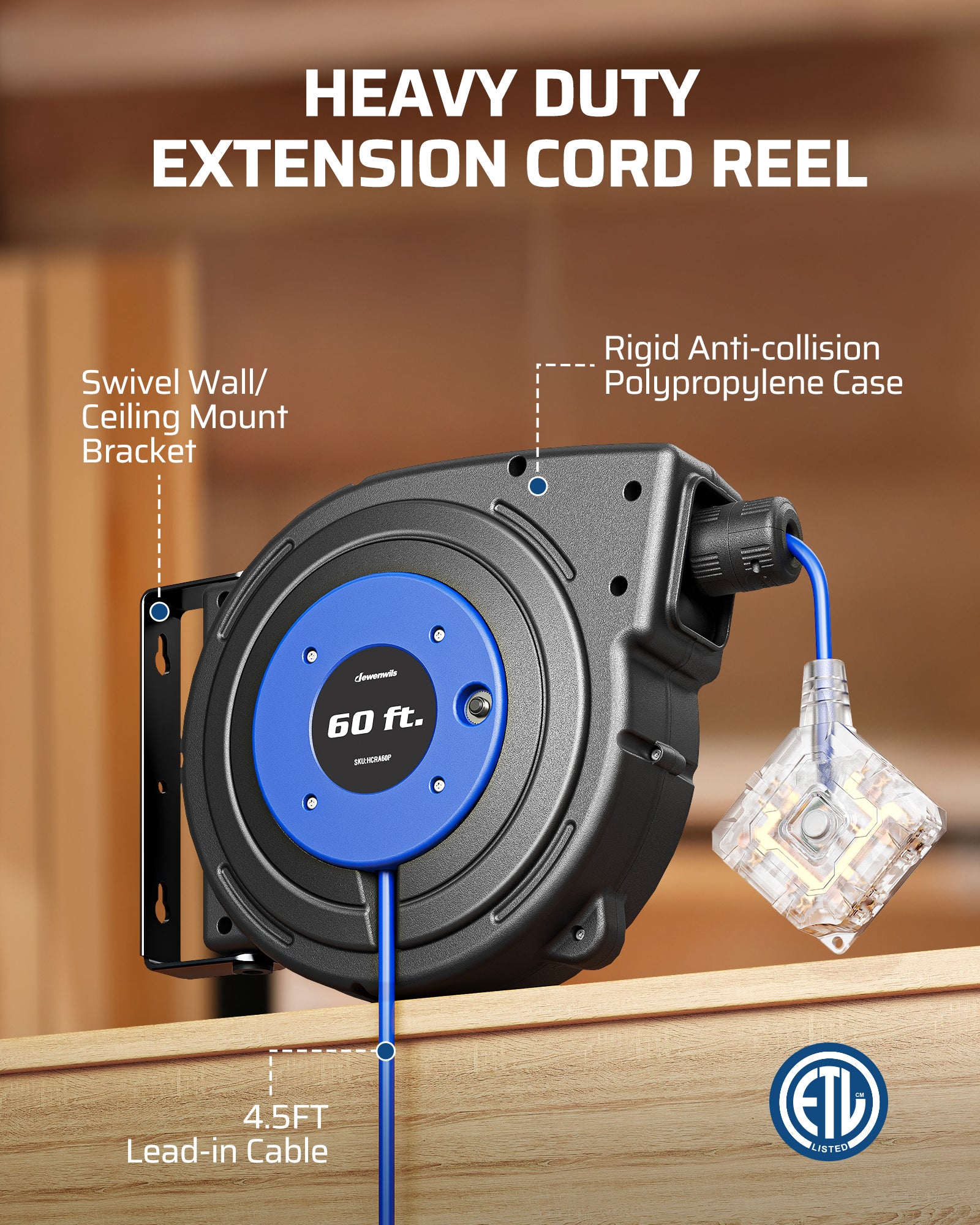 60FT Extension Cord Reel: Heavy-duty 12/3 SJTW cord with a rigid anti-collision case, 180° swivel mount, and 4.5ft lead-in cable for maximum workshop reach.