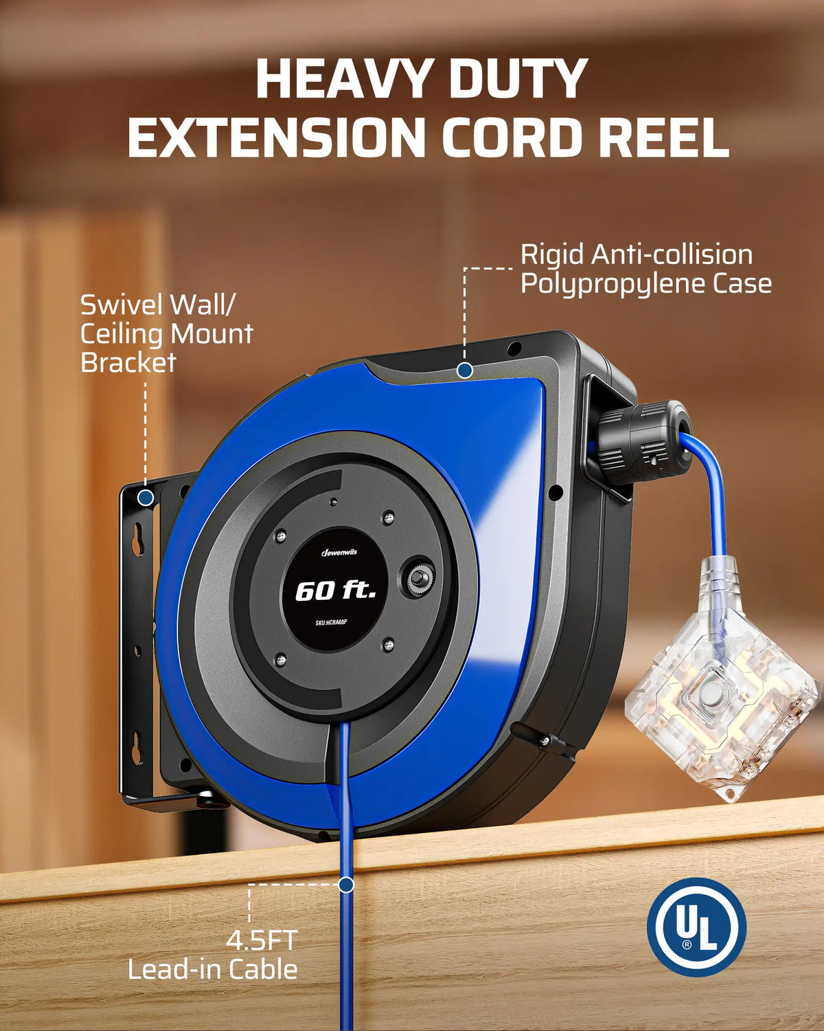 DEWENWILS Extension Cord Reel, 60FT Retractable Cord Reel, 12AWG/3C SJTOW, Lighted Triple Tap Outlets, Retractable Extension Cord Reel, 15A Circuit Breaker, Wall/Ceiling Mounted Heavy Duty Power Cord-HCRA60S