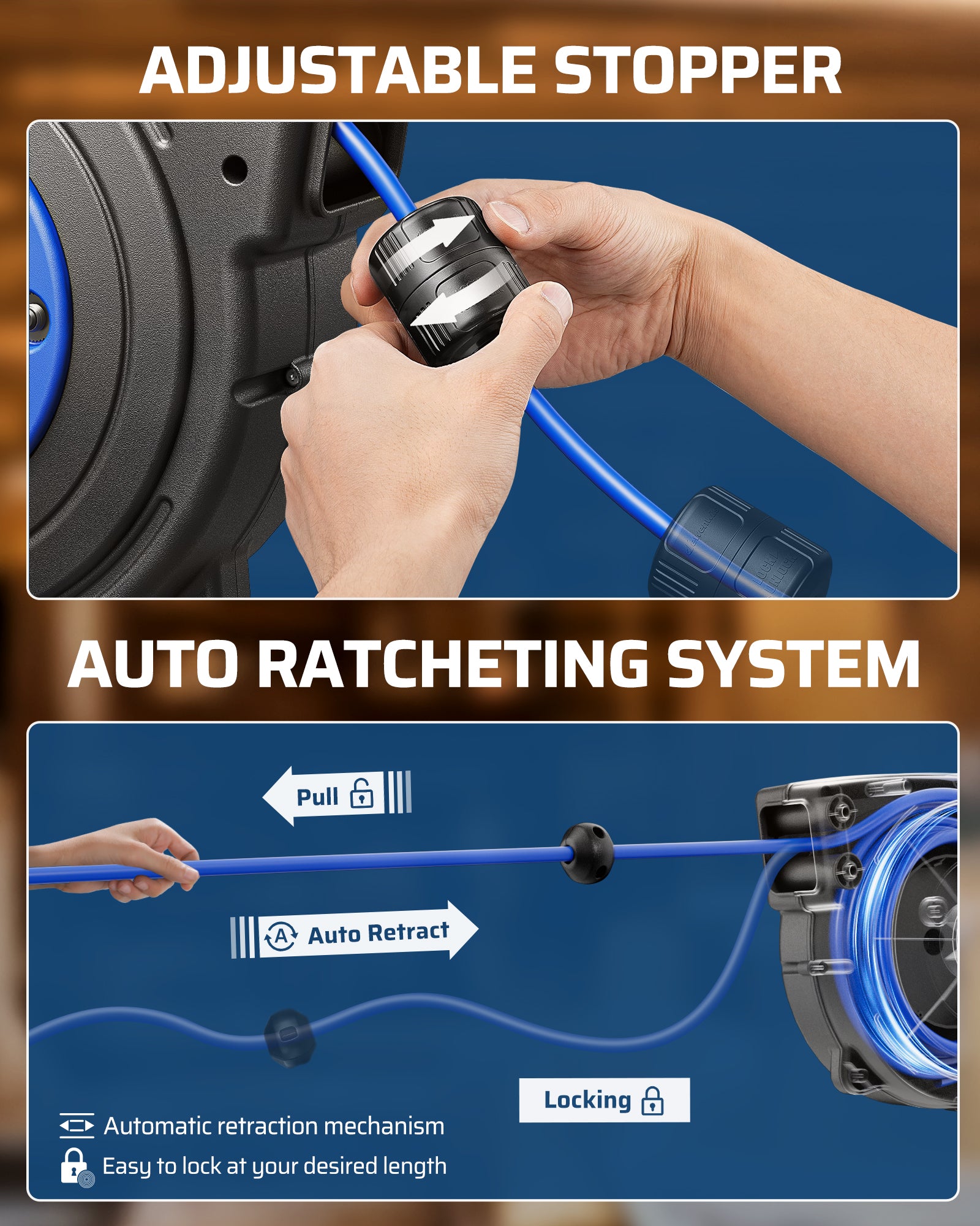 50FT Extension Cord Reel: Features an auto-ratcheting system to lock the cord at any length and an adjustable stopper to keep the power block within easy reach.