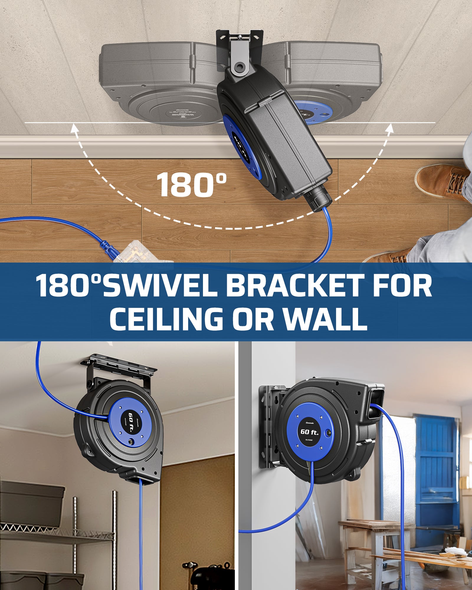 50FT Extension Cord Reel: Includes a 180° swivel bracket for flexible wall or ceiling mounting, ensuring easy cord pull and reach in any direction.
