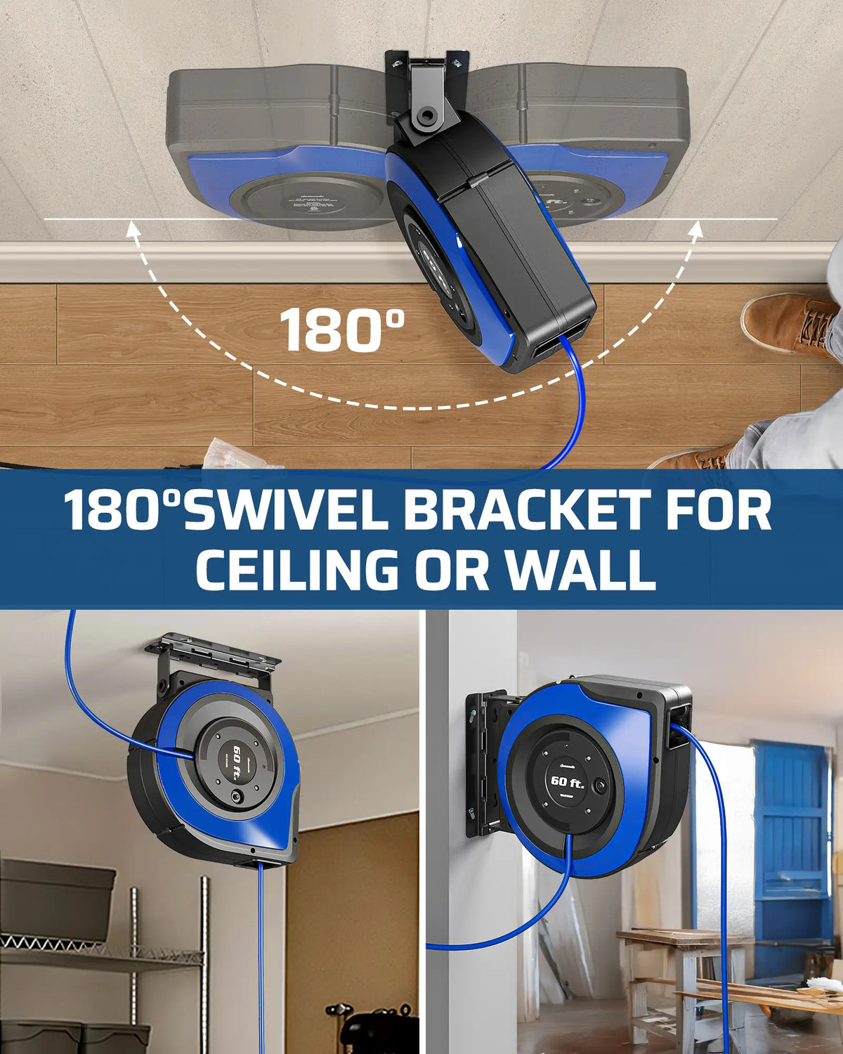 DEWENWILS Extension Cord Reel, 60FT Retractable Cord Reel, 12AWG/3C SJTOW, Lighted Triple Tap Outlets, Retractable Extension Cord Reel, 15A Circuit Breaker, Wall/Ceiling Mounted Heavy Duty Power Cord-HCRA60S