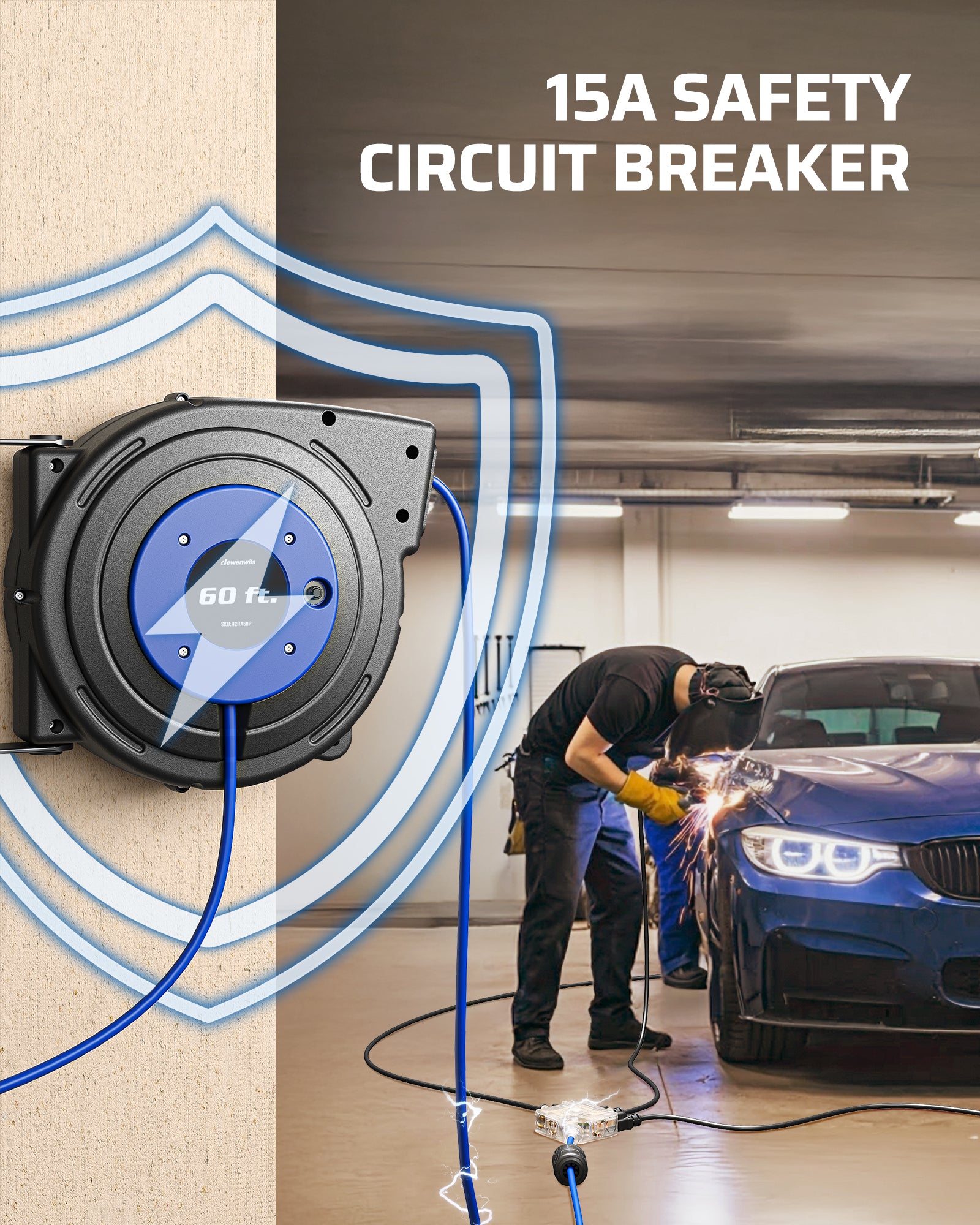 60FT Extension Cord Reel: Integrated 15A safety circuit breaker with a manual reset button. Automatically cuts power during overloads to protect your equipment.