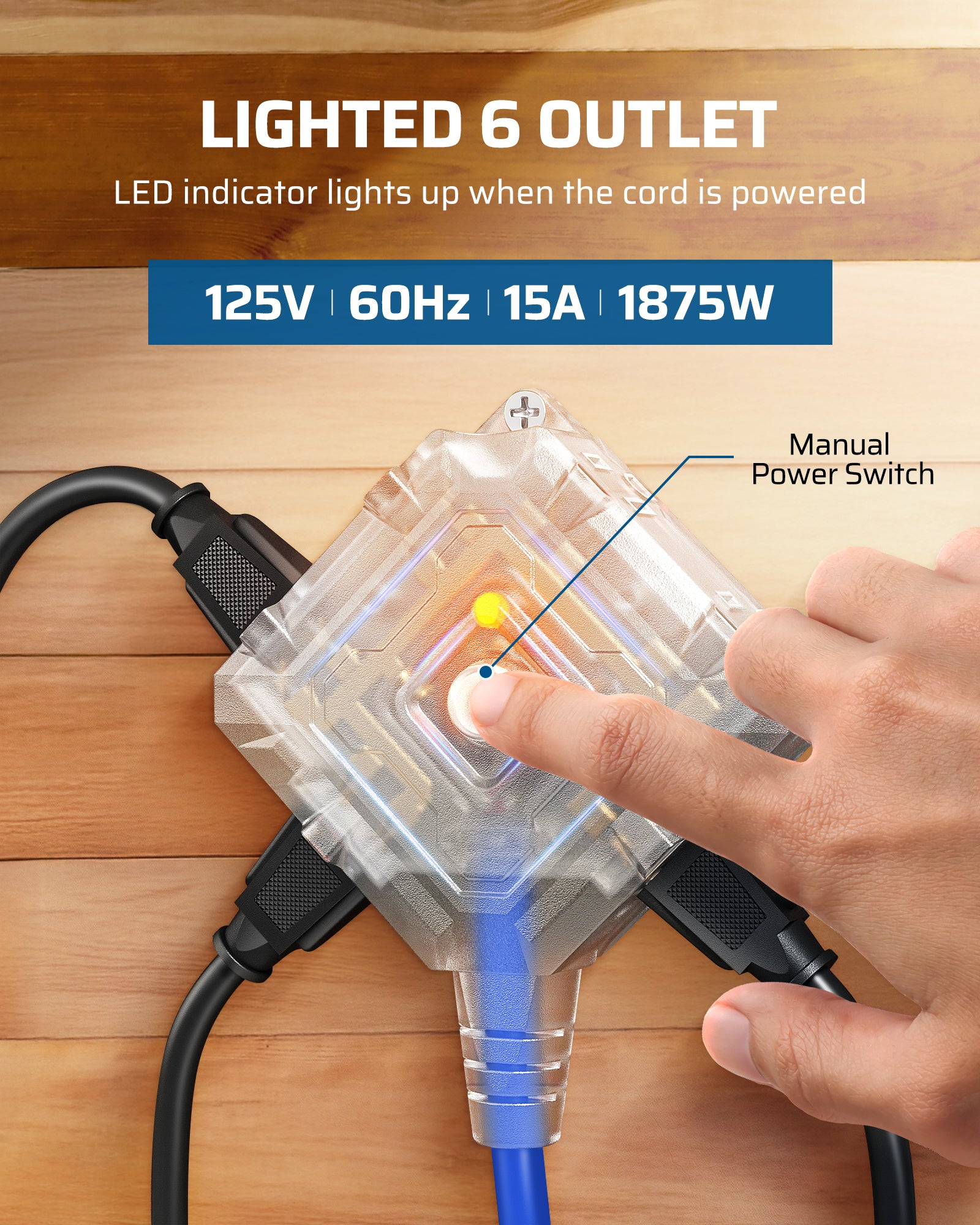60FT Extension Cord Reel: Features 6 lighted outlets with an LED power indicator. Supports 125V/15A/1875W, providing high-capacity, visible power for any workspace.