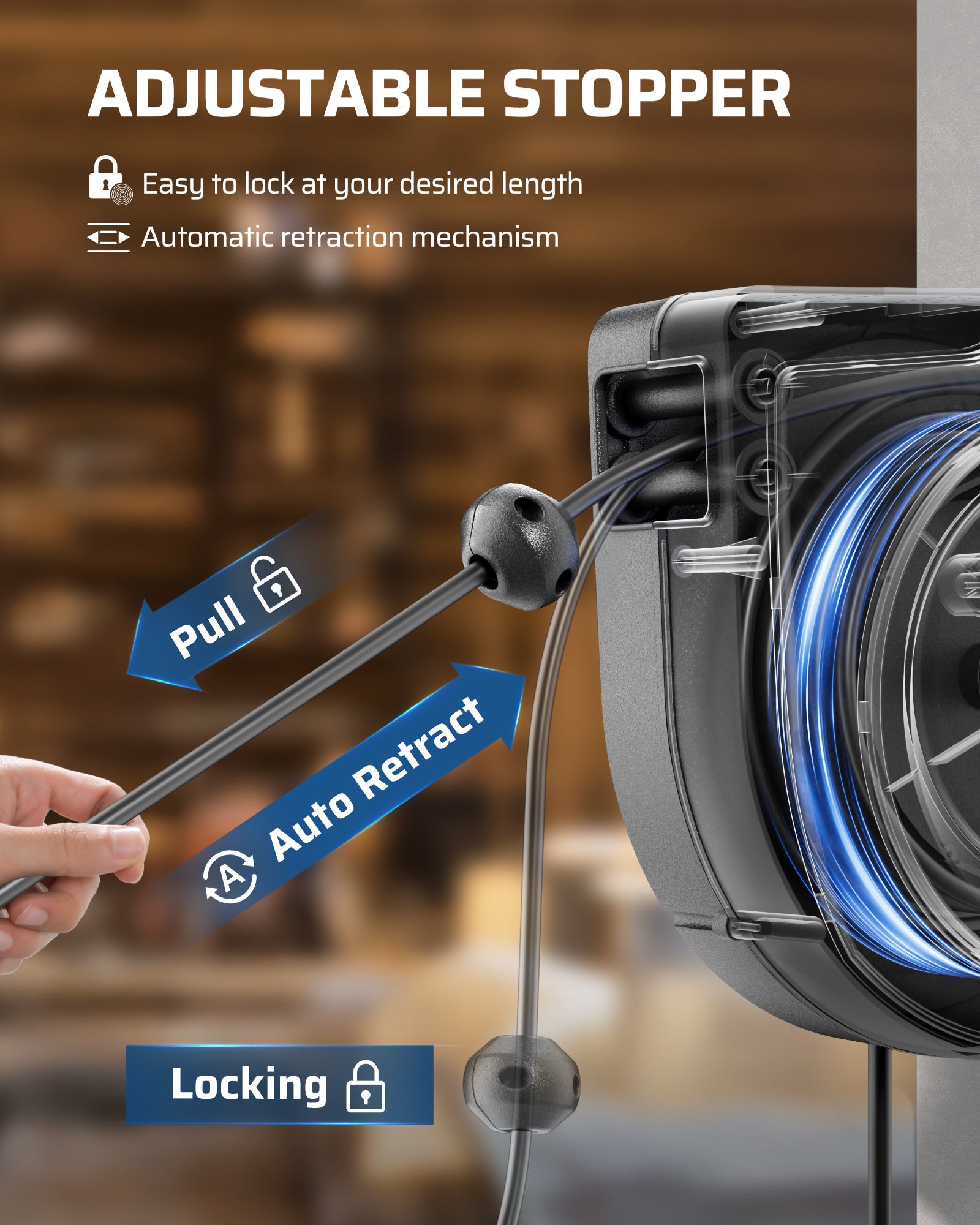 60ft Extension Cord Reel: Features an adjustable stopper to easily lock at your desired length and an automatic retraction mechanism for convenience.