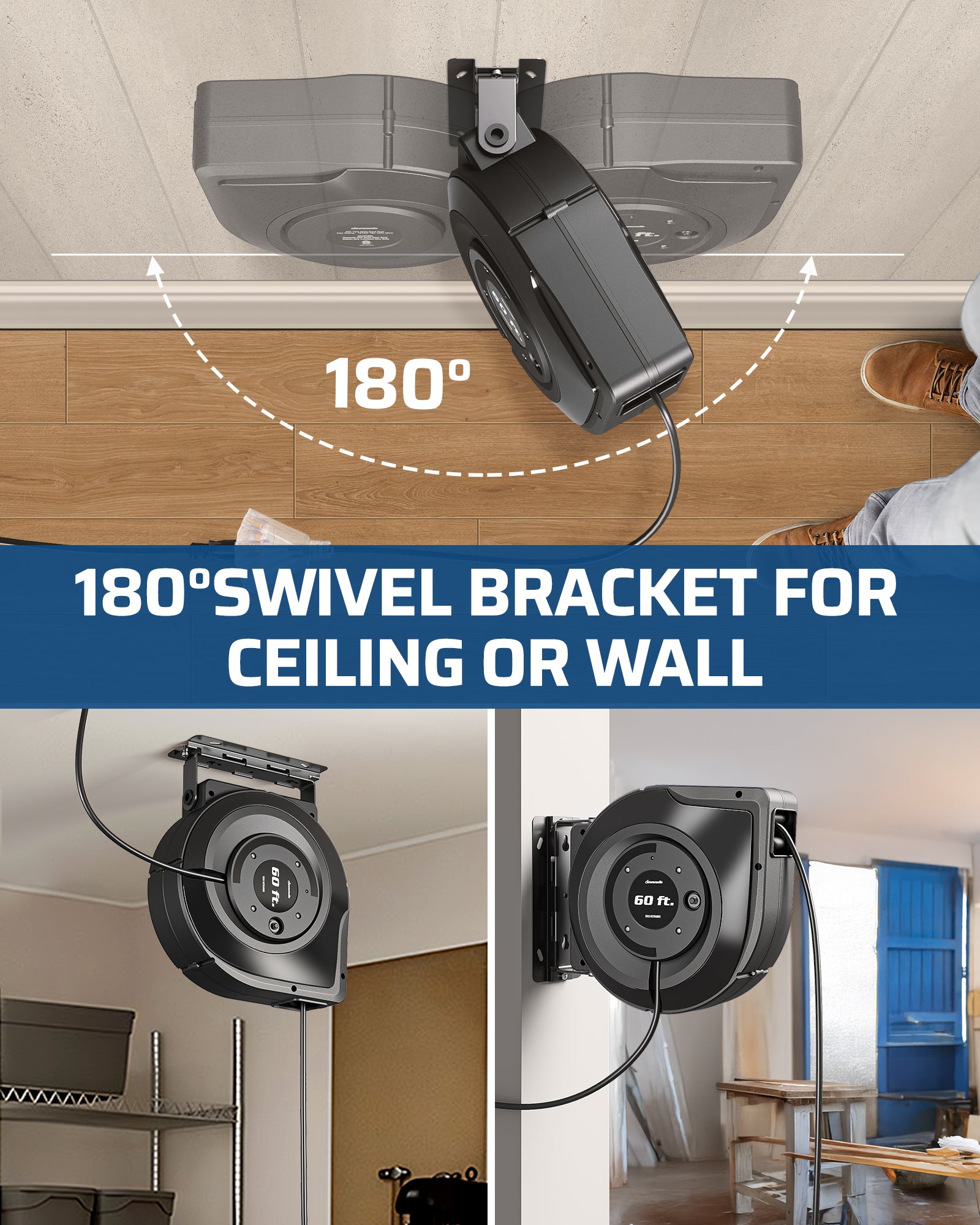 60ft Extension Cord Reel: Features a 180° swivel bracket for versatile mounting on either ceilings or walls.