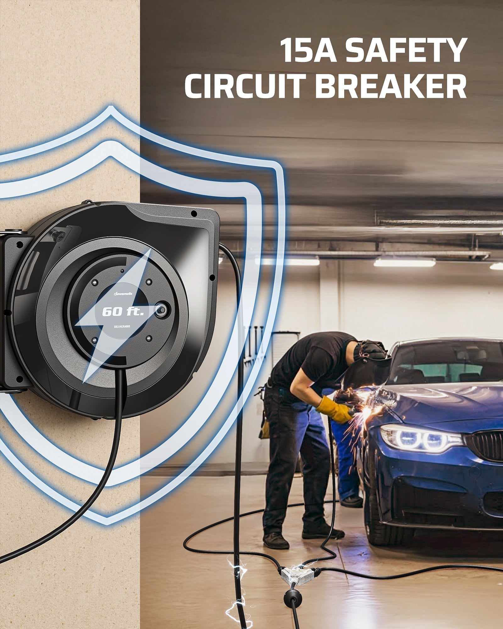 60ft Extension Cord Reel: Built-in 15A safety circuit breaker protects against overloads and ensures secure power distribution.