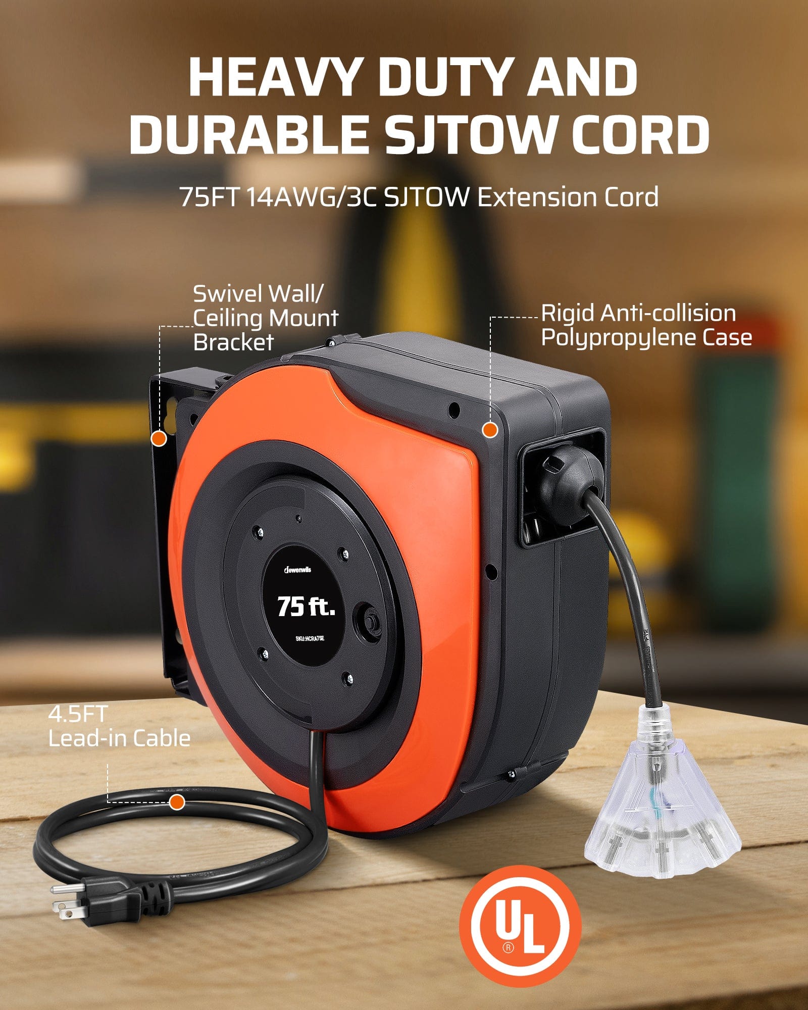 75ft Retractable Extension Cord Reel: 14AWG/3C SJTOW heavy duty cord, swivel wall/ceiling mount, rigid anti-collision case, 4.5FT lead-in, durable and reliable