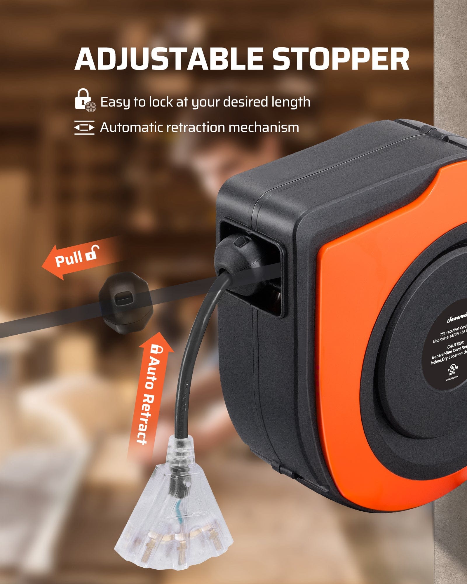 75ft Retractable Extension Cord Reel: Adjustable stopper for custom length locking and automatic retraction mechanism for easy, organized storage and cable control.