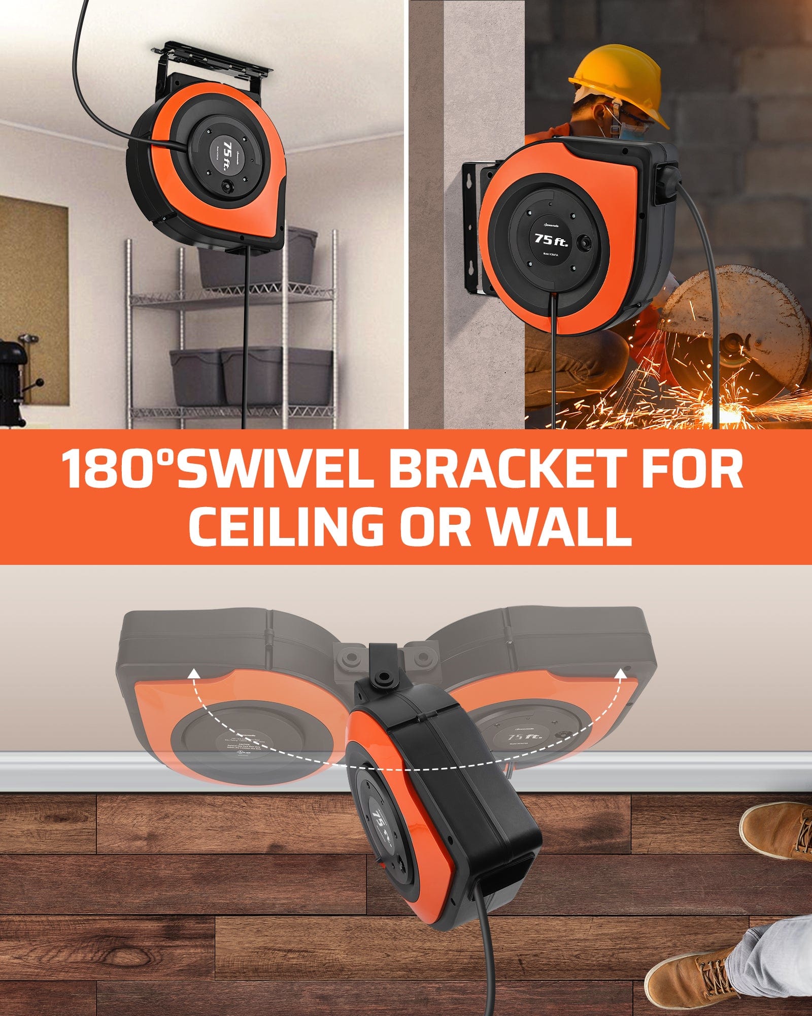 75ft Retractable Extension Cord Reel: 180° swivel bracket for ceiling or wall mounting, providing flexible reach and convenient overhead storage in any workspace.