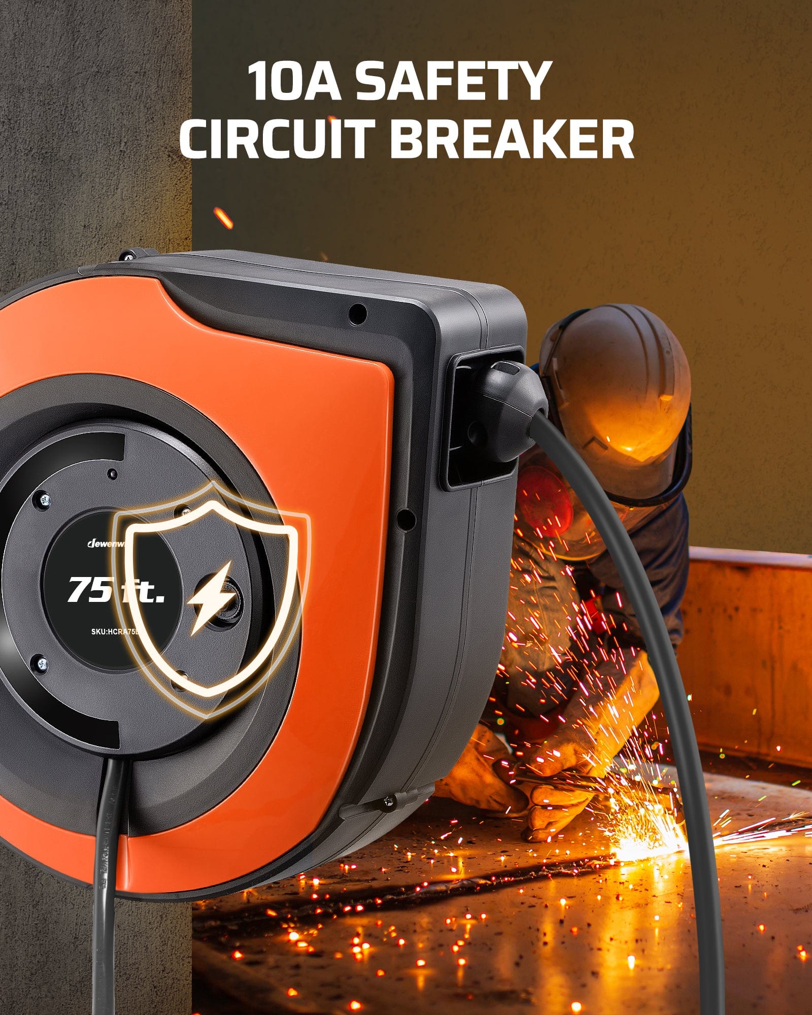 75ft Retractable Extension Cord Reel: 10A safety circuit breaker protects against overloads; prevents blown fuses or fire hazards by cutting power when limits are exceeded.