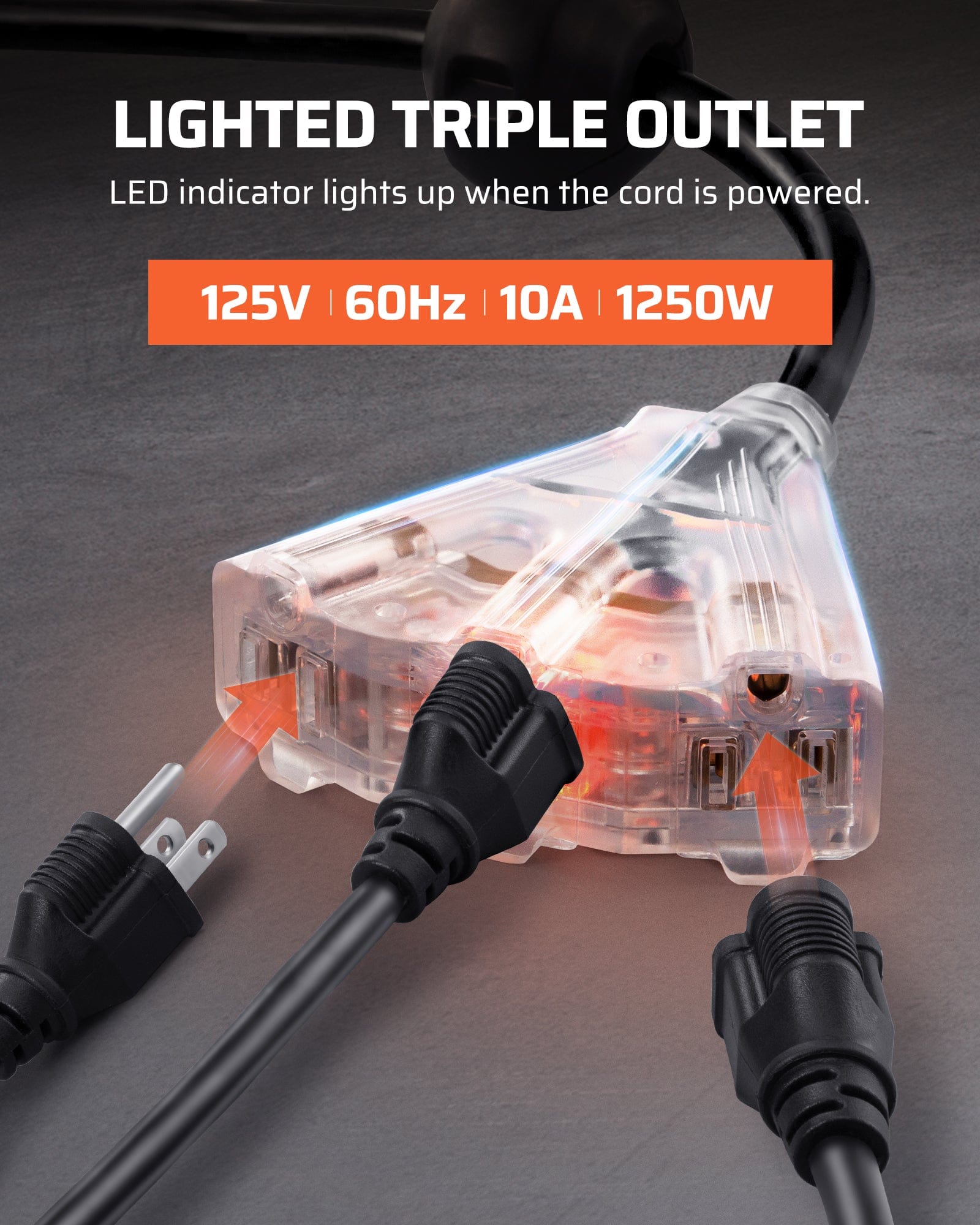 75ft Retractable Extension Cord Reel: Lighted triple outlet with LED power indicator; rated for 125V, 60Hz, 10A, and 1250W to handle multiple tools safely