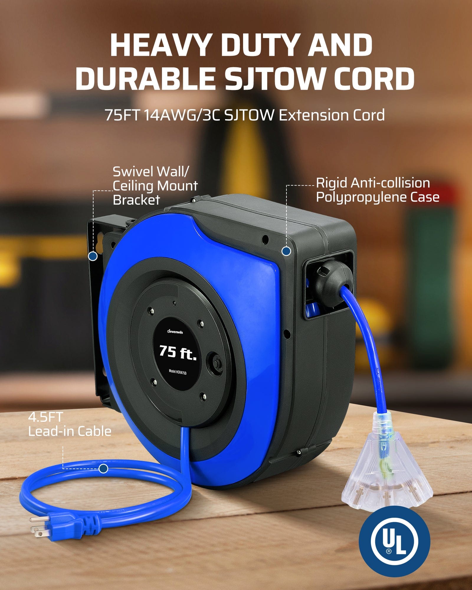75ft Retractable Extension Cord Reel: Features a heavy-duty 14AWG/3C SJTOW cord, a rigid anti-collision polypropylene case, a swivel wall/ceiling mount bracket, and a 4.5FT lead-in cable.