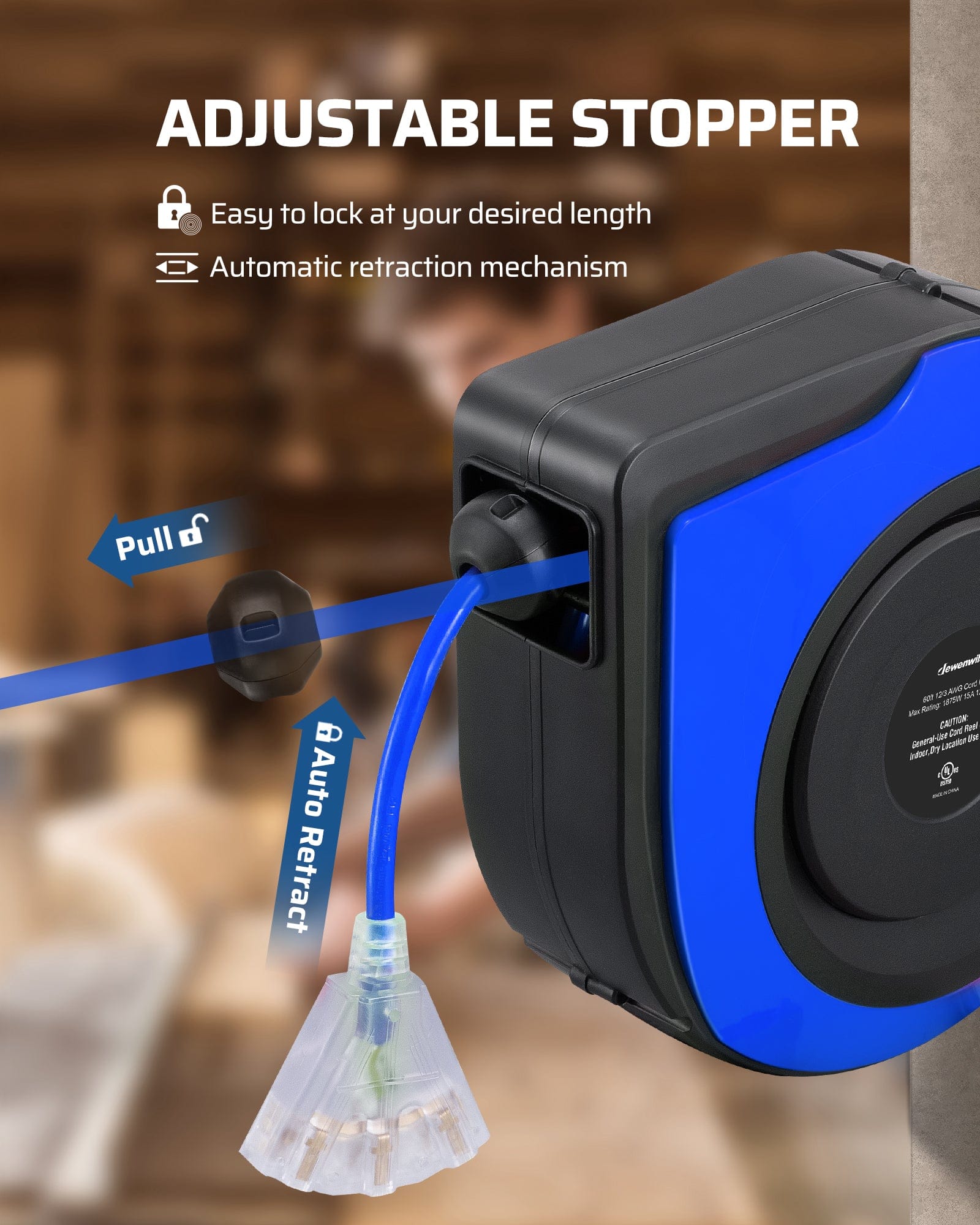 75ft Retractable Extension Cord Reel: Features an adjustable stopper to easily lock the cord at your desired length and an automatic retraction mechanism.