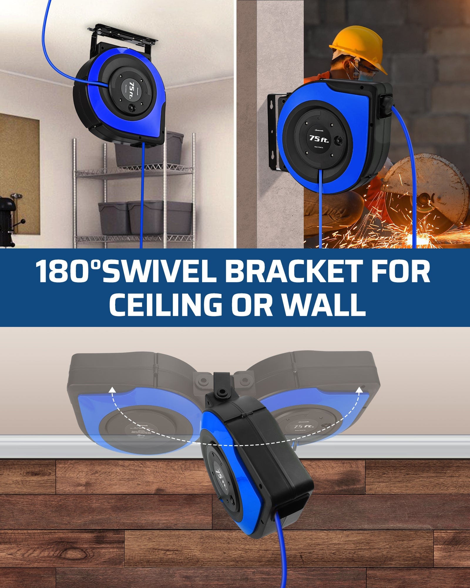 75ft Retractable Extension Cord Reel: Equipped with a 180° swivel bracket designed for versatile mounting on either the ceiling or wall.