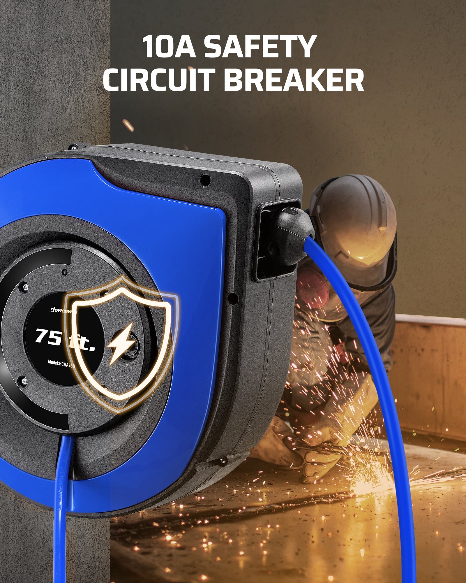 75ft Retractable Extension Cord Reel: Includes a 10A safety circuit breaker that protects against overloads by cutting off power when necessary.