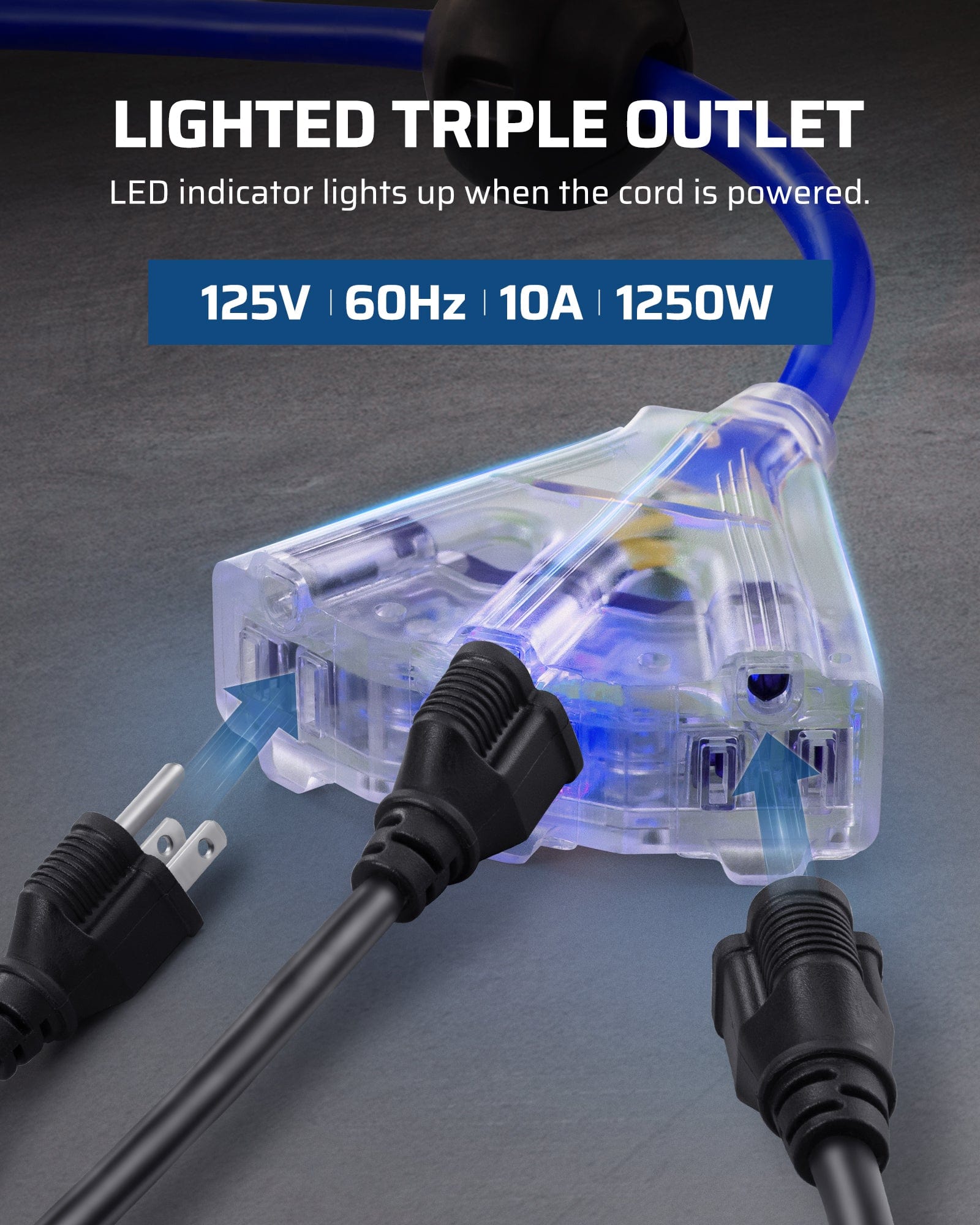 75ft Retractable Extension Cord Reel: Features a lighted triple outlet with an LED indicator that lights up when powered, rated for 125V, 60Hz, 10A, and 1250W.