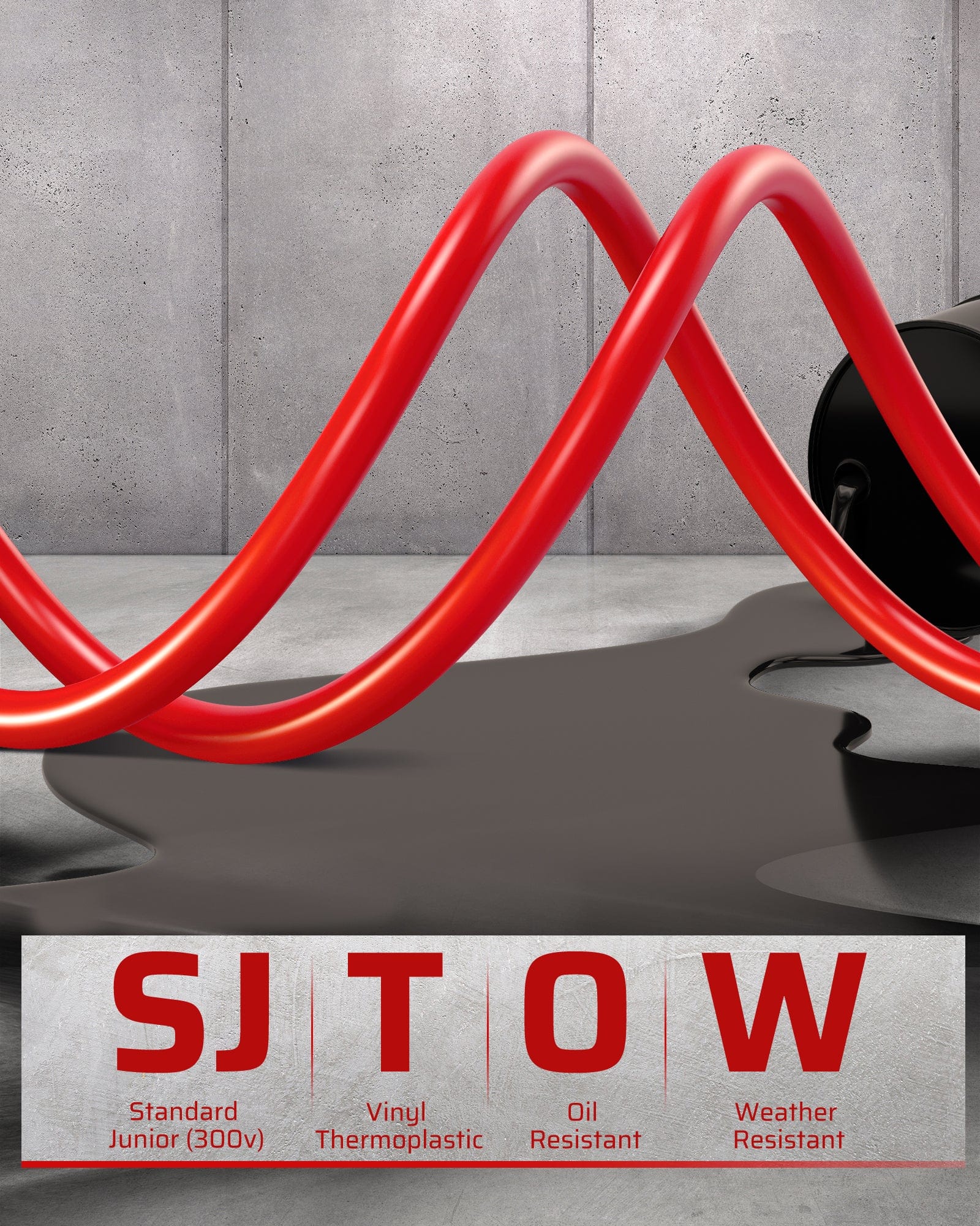 75ft Retractable Extension Cord Reel: Features a standard SJTOW cord—Junior (300V), thermoplastic, vinyl, oil-resistant, and weather-resistant.