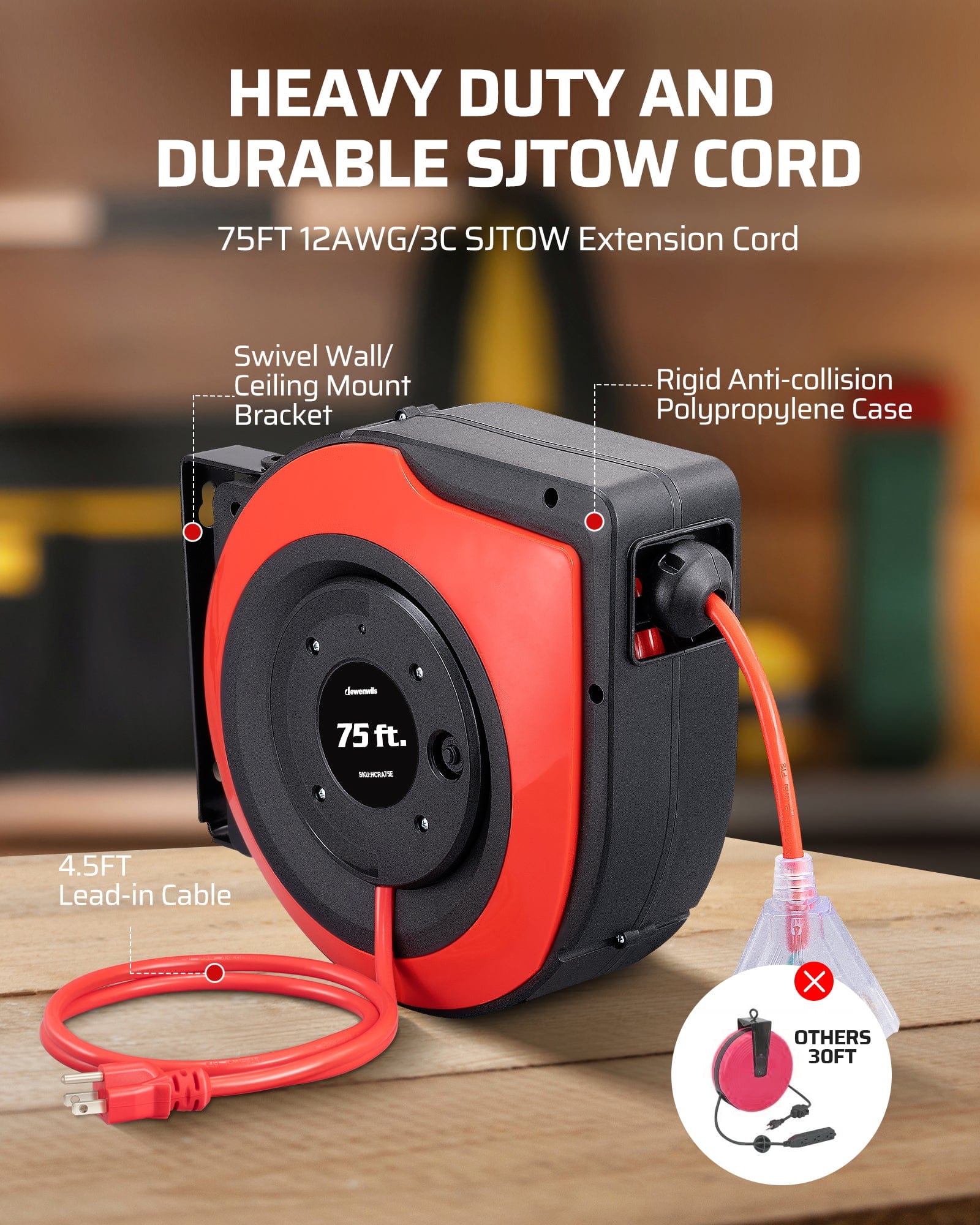 75ft Retractable Extension Cord Reel: Features a heavy-duty 12AWG/3C SJTOW cord, a rigid anti-collision polypropylene case, a swivel wall/ceiling mount bracket, and a 4.5FT lead-in cable.