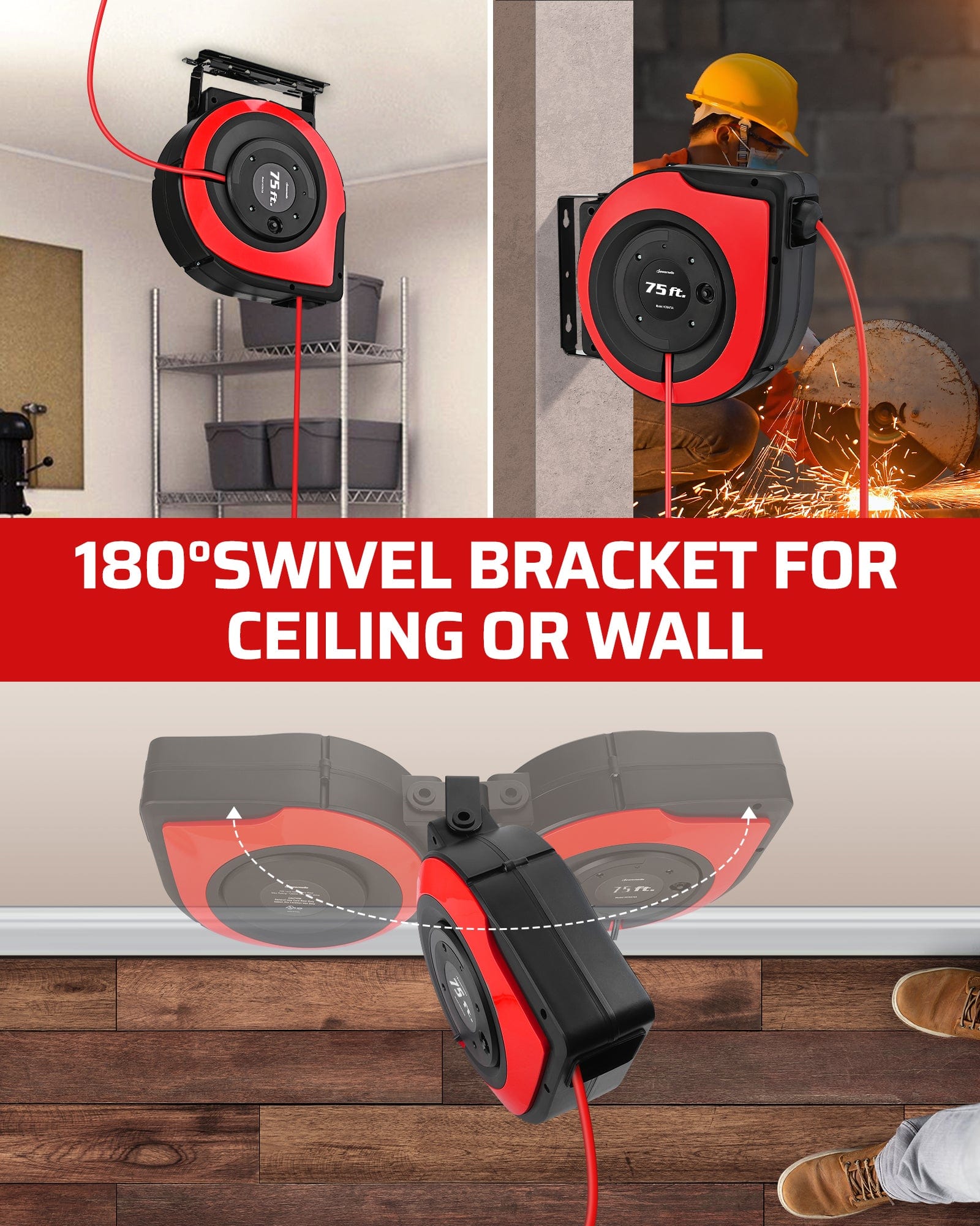 75ft Retractable Extension Cord Reel: Features a 180° swivel bracket for versatile ceiling or wall mounting, allowing the reel to rotate toward your work area.