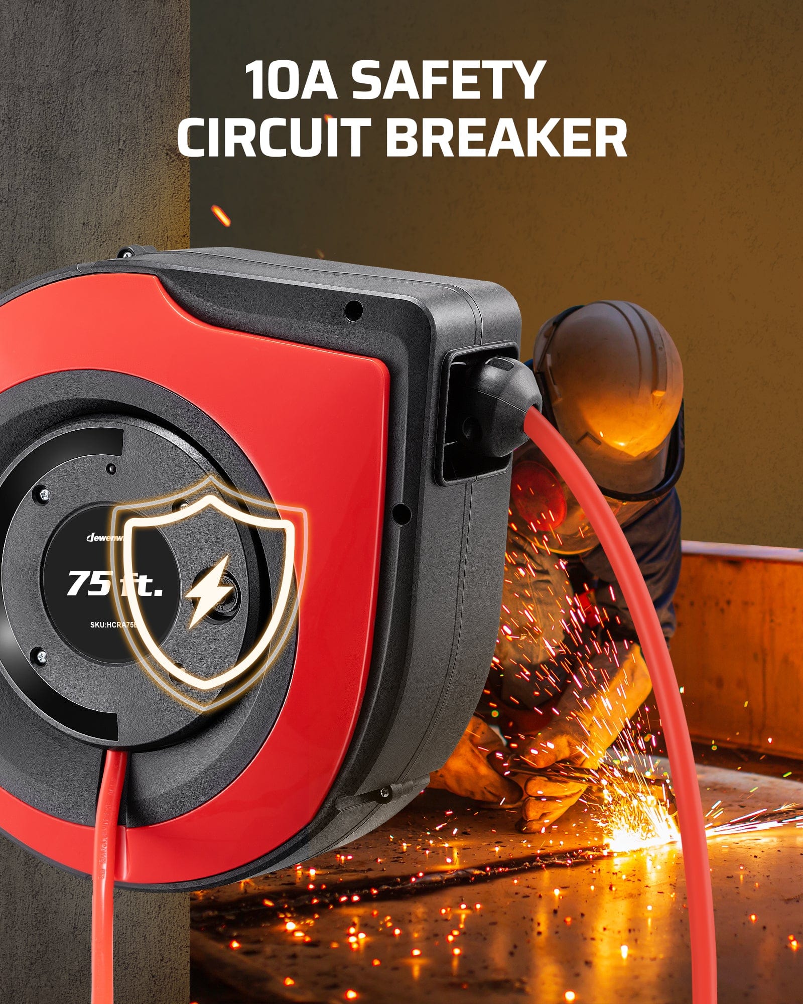 75ft Retractable Extension Cord Reel: Includes a 10A safety circuit breaker that protects against overloads by cutting off power when necessary.