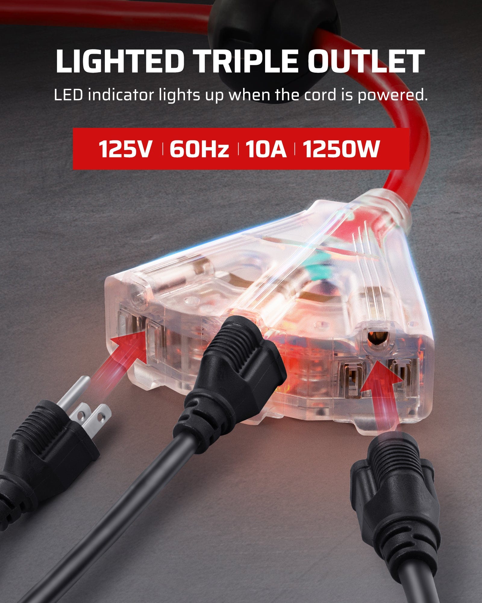 75ft Retractable Extension Cord Reel: Features a lighted triple outlet with an LED indicator that lights up when powered, rated for 125V, 60Hz, 10A, and 1250W.