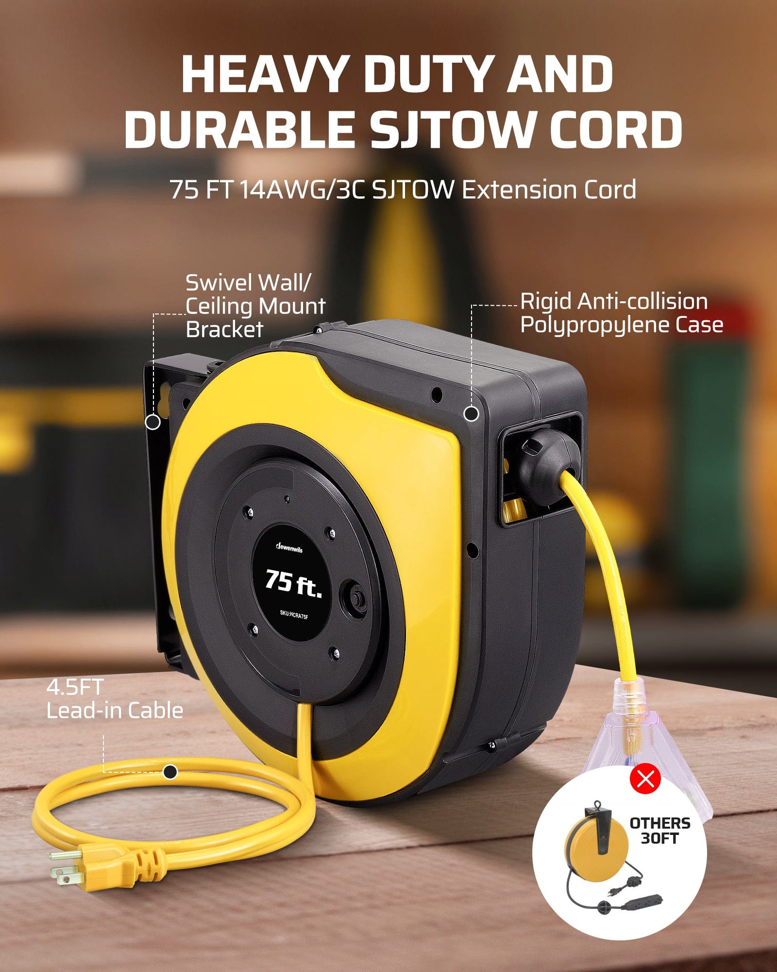 75ft Retractable Extension Cord Reel: Features a heavy-duty 14AWG/3C SJTOW cord, a rigid anti-collision polypropylene case, a swivel mount, and a 4.5FT lead-in cable.