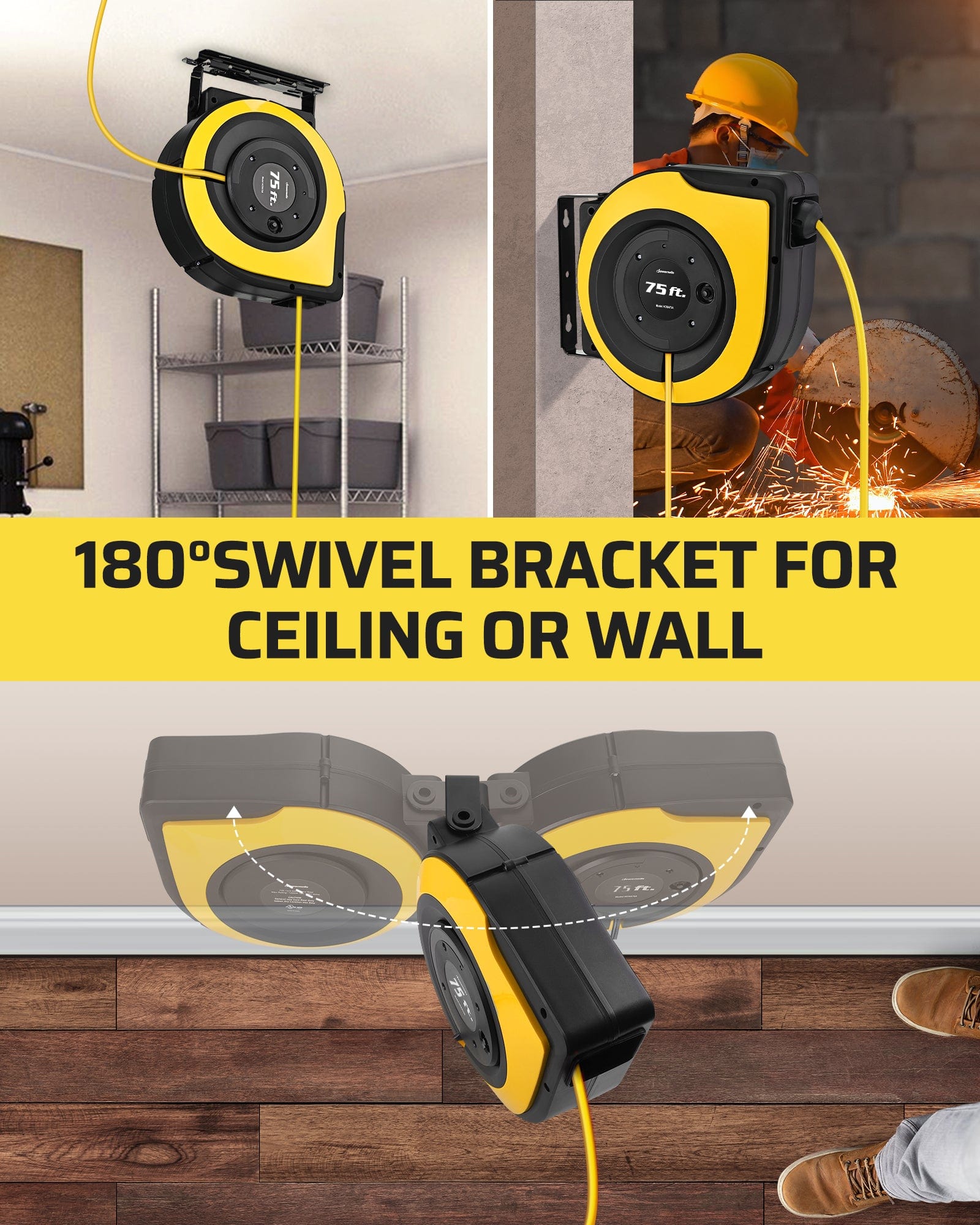 75ft Retractable Extension Cord Reel: Features a 180° swivel bracket for ceiling or wall mounting, allowing the reel to rotate toward your work area for maximum flexibility.