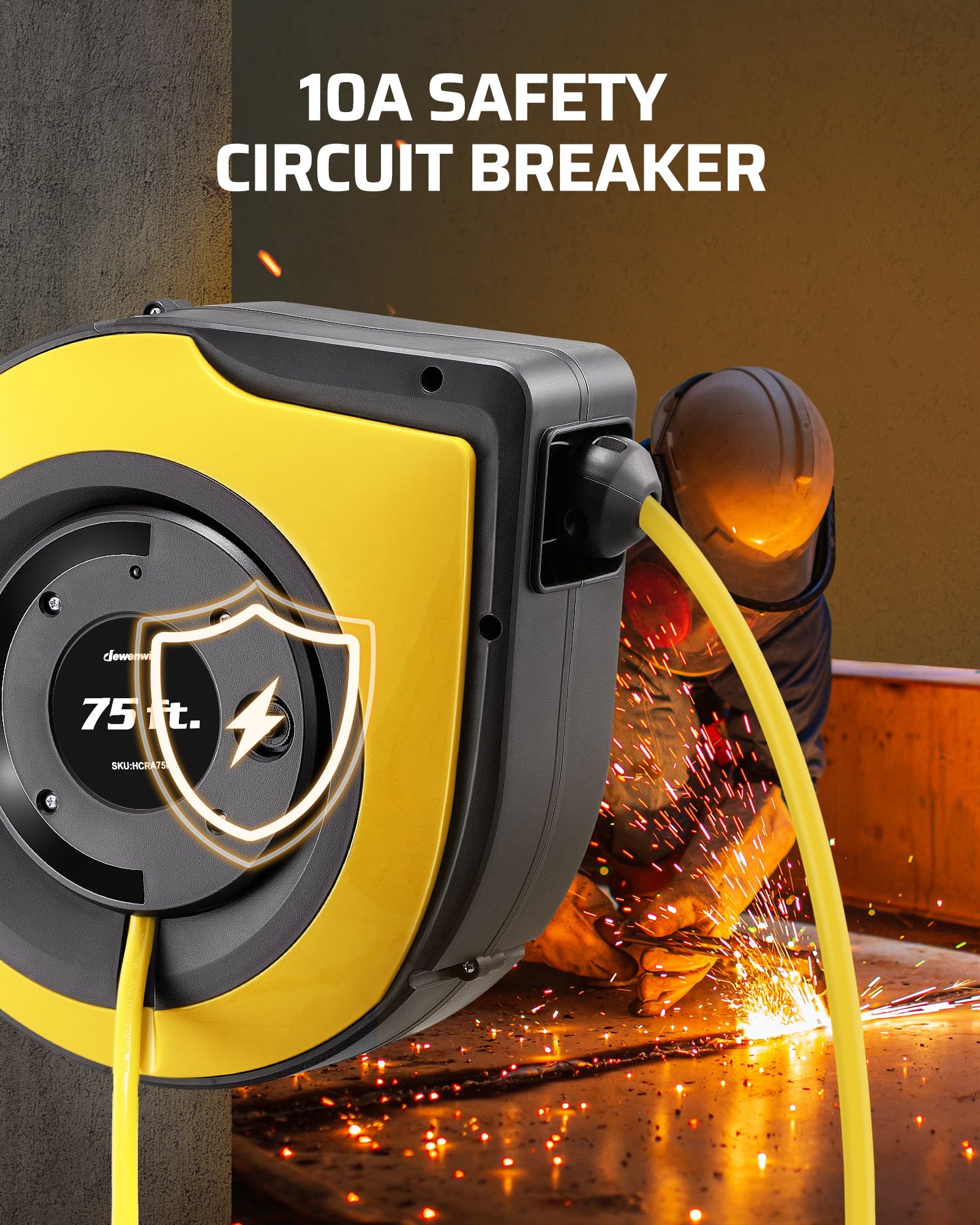 75ft Retractable Extension Cord Reel: Equipped with a 10A safety circuit breaker that protects against overloads; easily restore power with the manual reset button.
