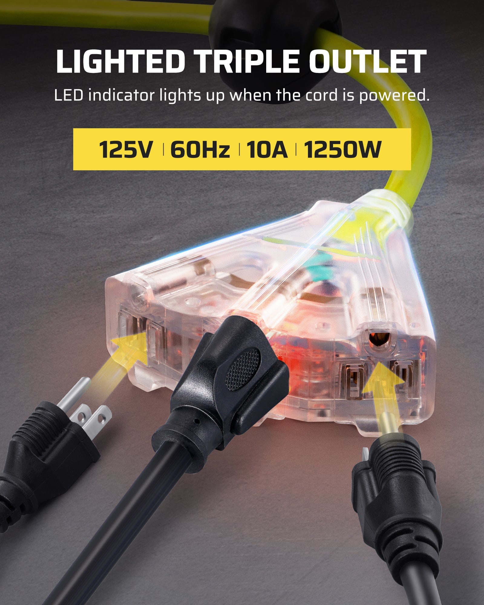 75ft Retractable Extension Cord Reel: Features a lighted triple outlet with an LED indicator, rated for 125V, 60Hz, 10A, and 1250W to provide visible, multi-plug power.