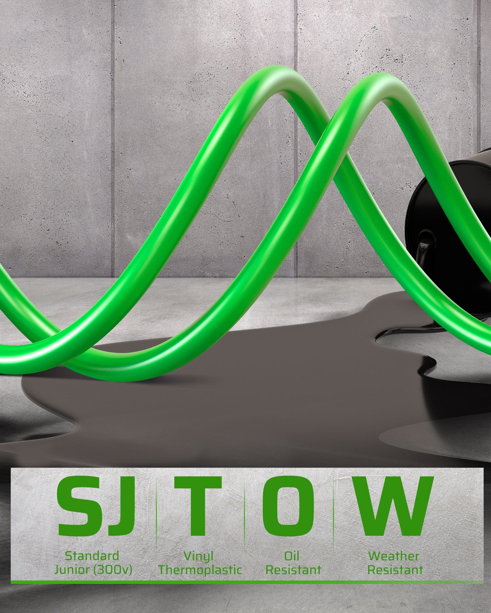 75FT Retractable Extension Cord Reel: Heavy-duty SJTOW cord (Standard Junior, 300V) with a vinyl jacket. Oil, weather, and thermoplastic resistant for maximum durability.