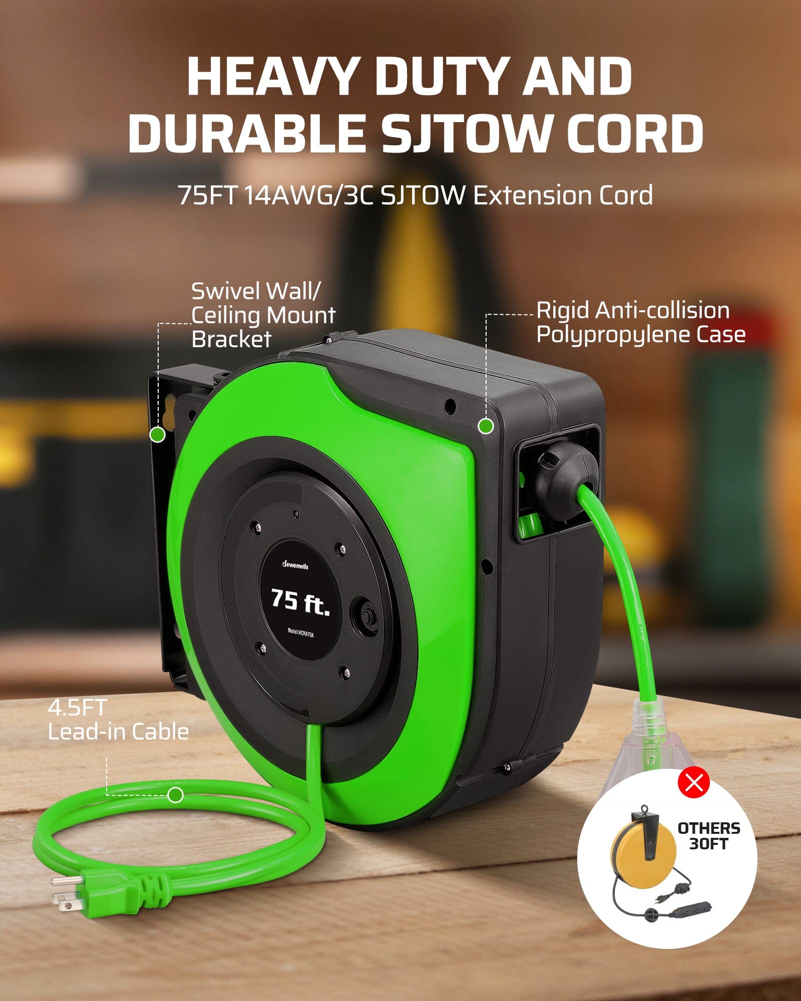 75ft Retractable Extension Cord Reel: Features a heavy-duty 14AWG/3C SJTOW cord, a swivel wall/ceiling mount bracket, a rigid anti-collision polypropylene case, and a 4.5ft lead-in cable.