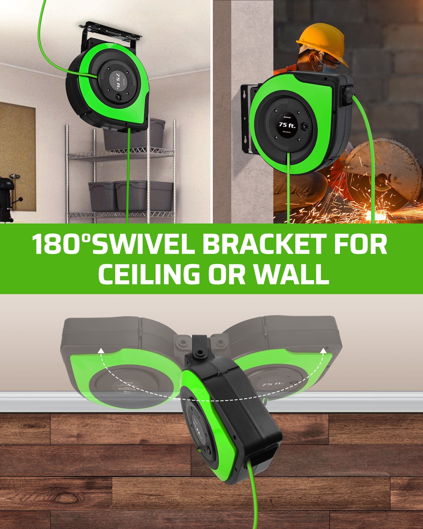 75ft Retractable Extension Cord Reel: Equipped with a 180° swivel bracket for ceiling or wall mounting, providing maximum flexibility and reach in any direction.
