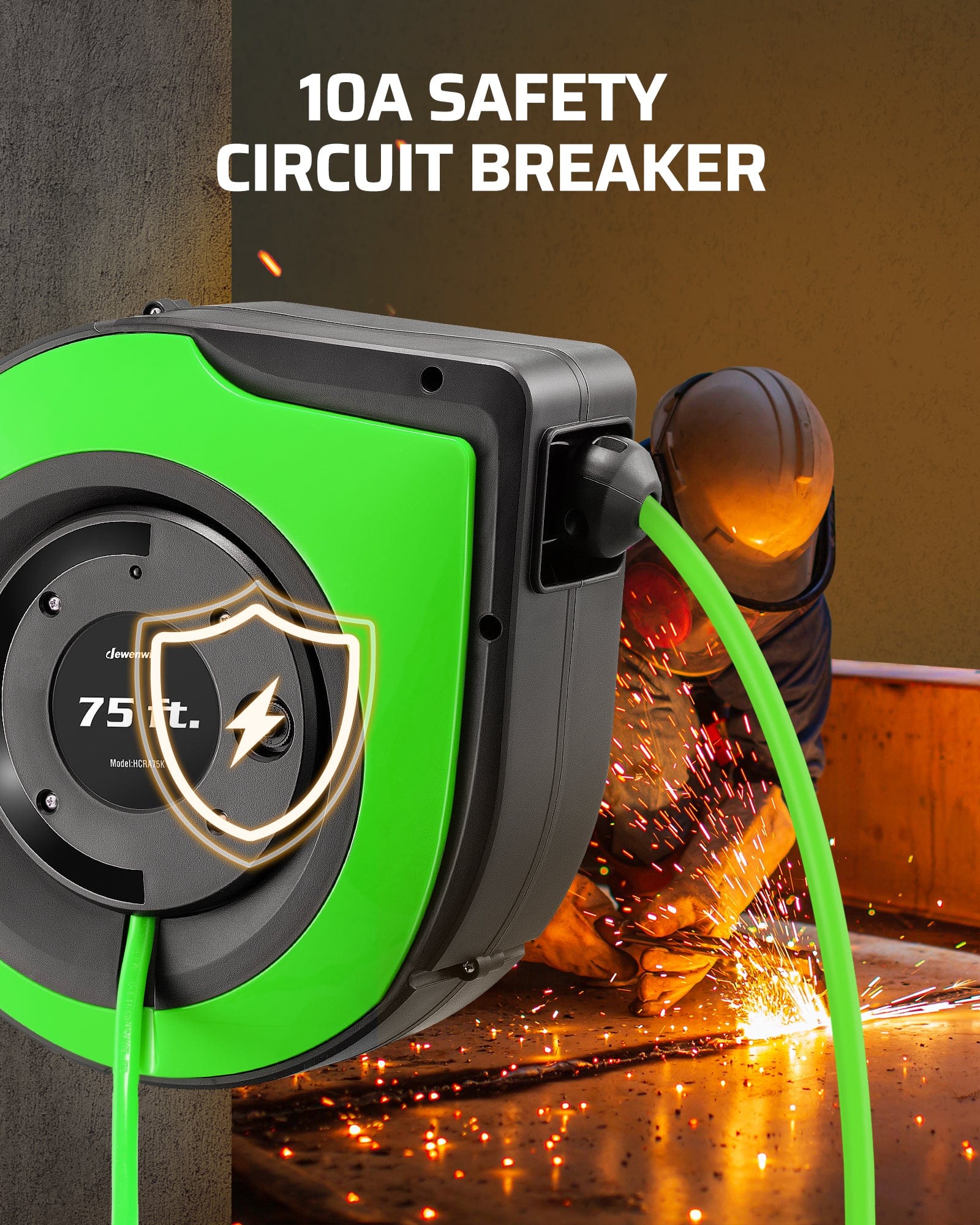 75ft Retractable Extension Cord Reel: Equipped with a 10A safety circuit breaker that protects against overloads; easily restore power with the manual reset button.