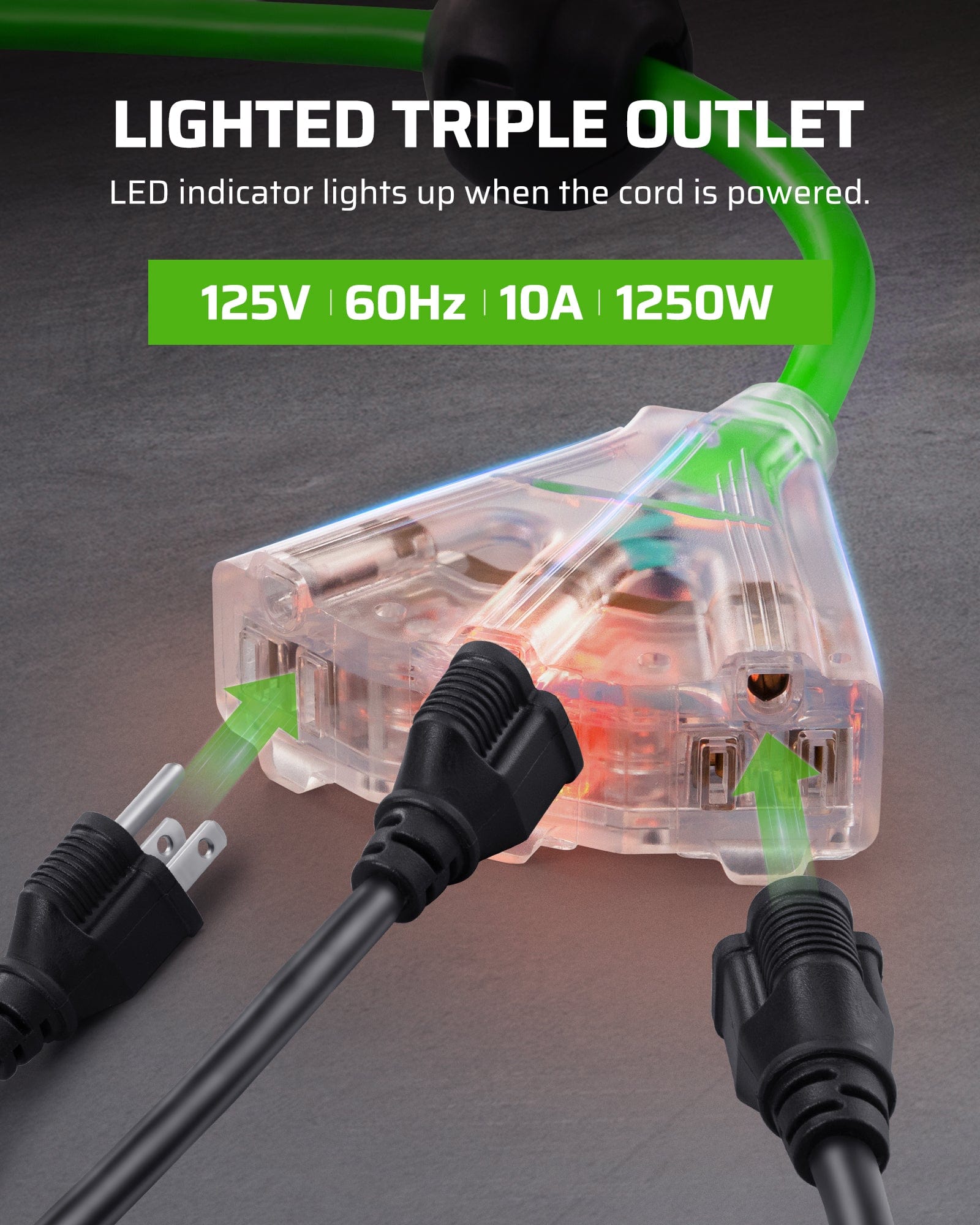 75ft Retractable Extension Cord Reel: Features a lighted triple outlet with an LED indicator (125V/10A/1250W) that glows when power is connected.