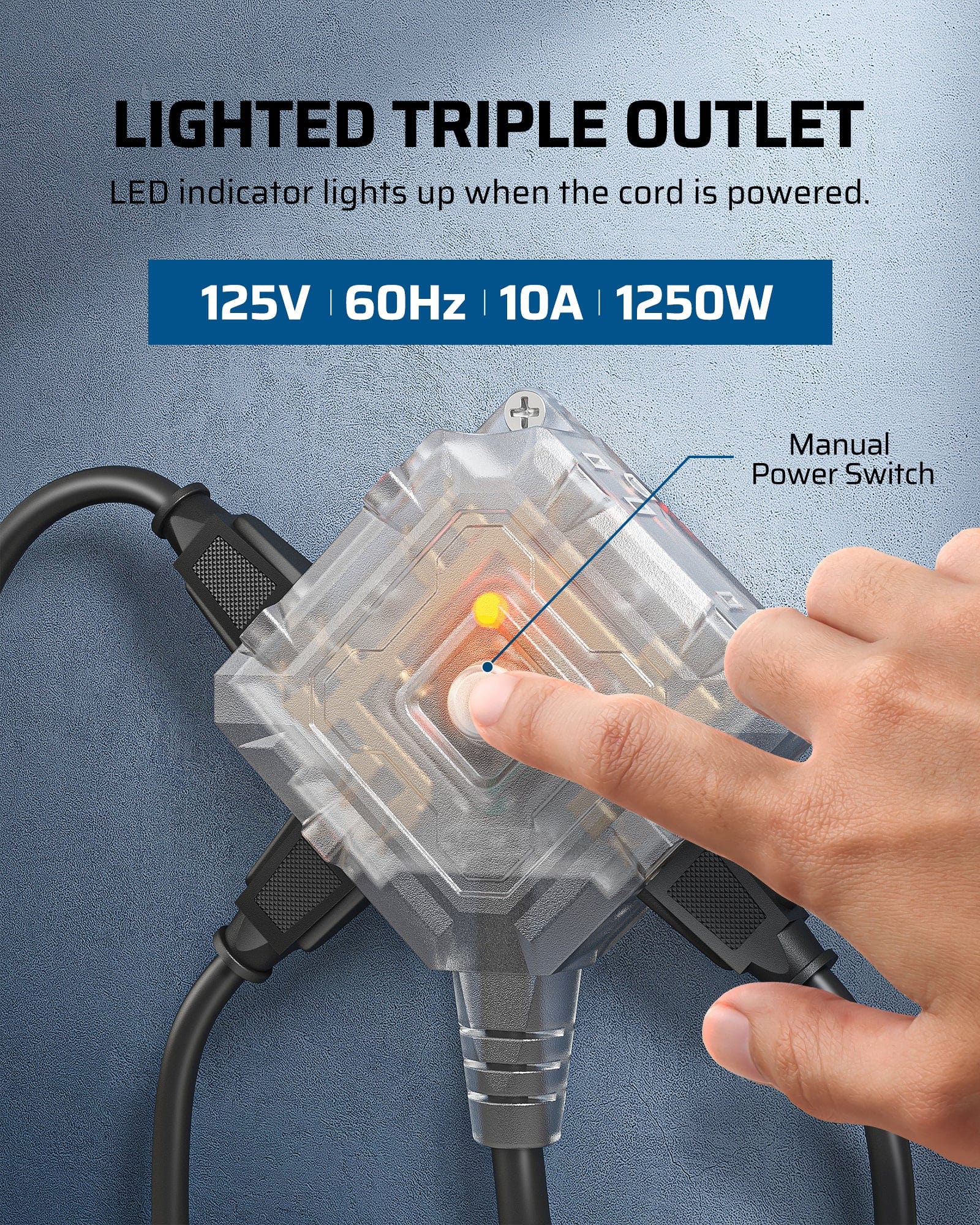 75FT Extension Cord Reel: Lighted triple outlet with power indicator, 10A/1250W capacity, and manual power switch for easy control and enhanced visibility.