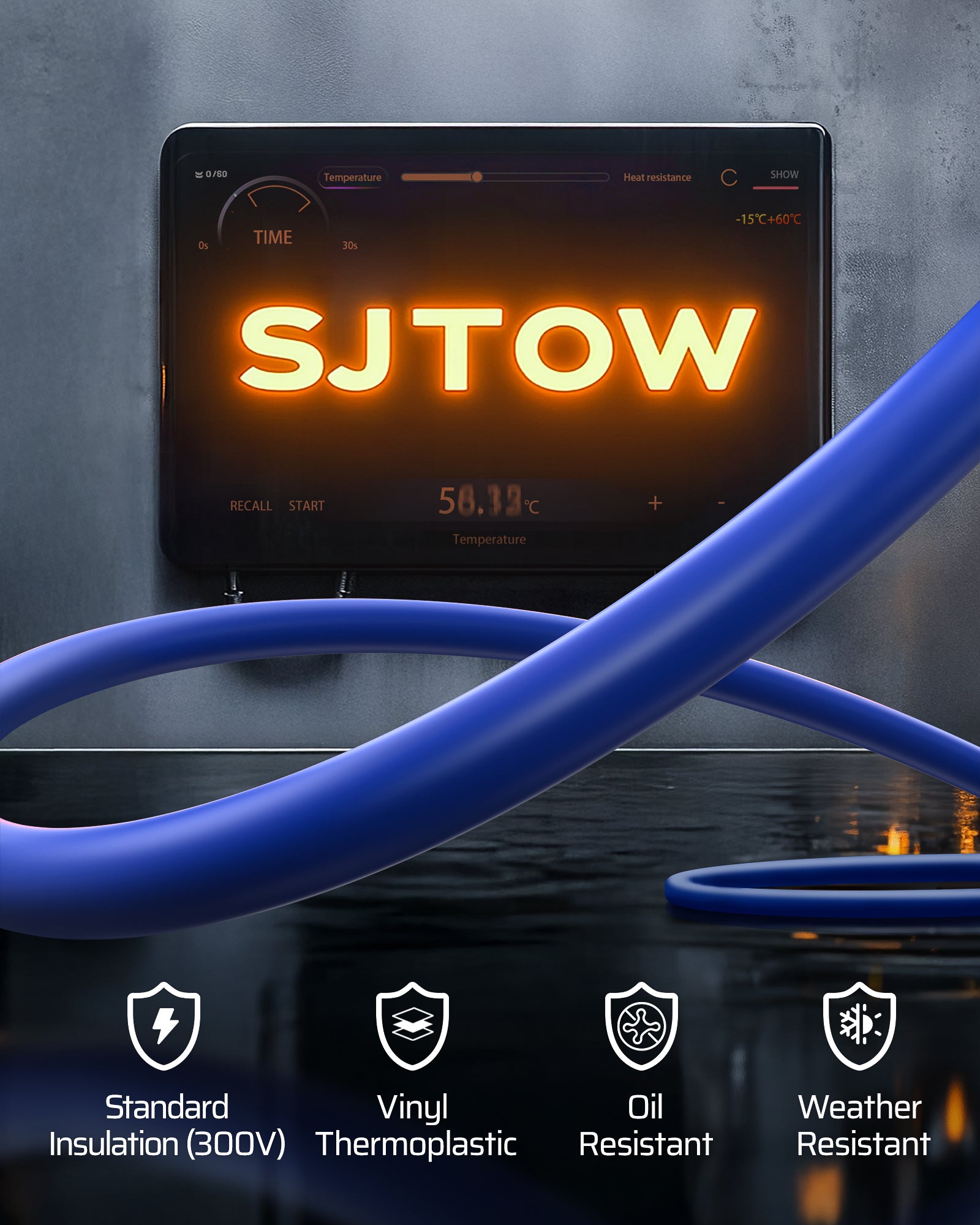 75FT Extension Cord Reel: Heavy-duty SJTOW cord with oil and weather-resistant vinyl insulation. Rated for 300V, providing durable and safe power in any environment.