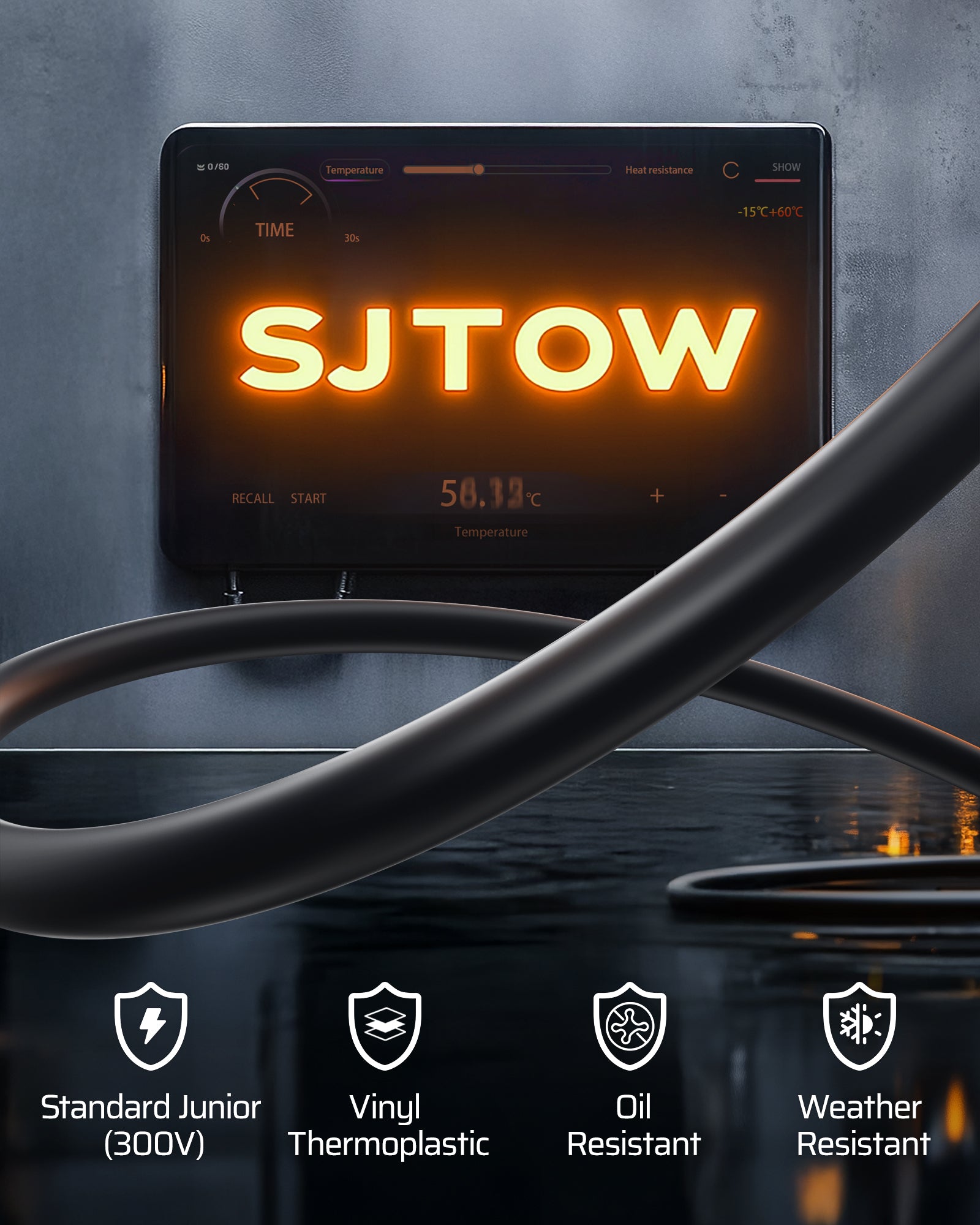 75FT Extension Cord Reel: Heavy-duty 300V SJTOW cord with vinyl thermoplastic. Features oil and weather resistance for maximum durability and harsh conditions.