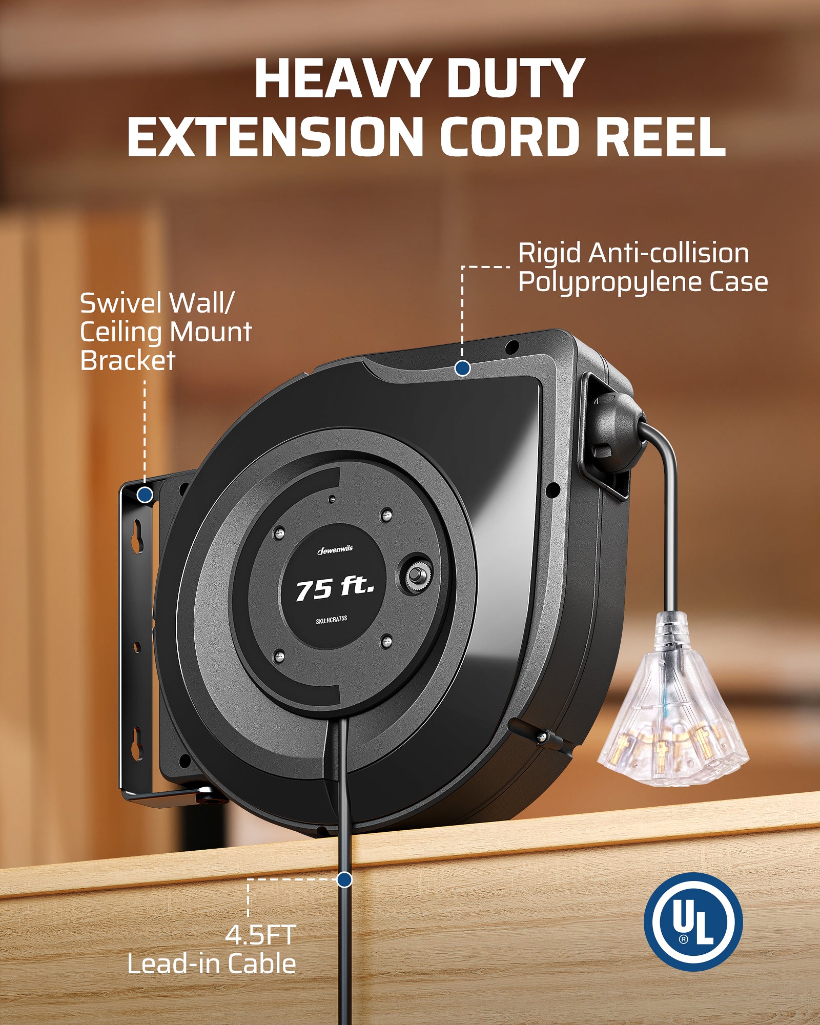 75FT Heavy-Duty Extension Cord Reel: Features a 4.5FT lead-in cable, rigid anti-collision polypropylene case, and a 180° swivel wall/ceiling mounting bracket.
