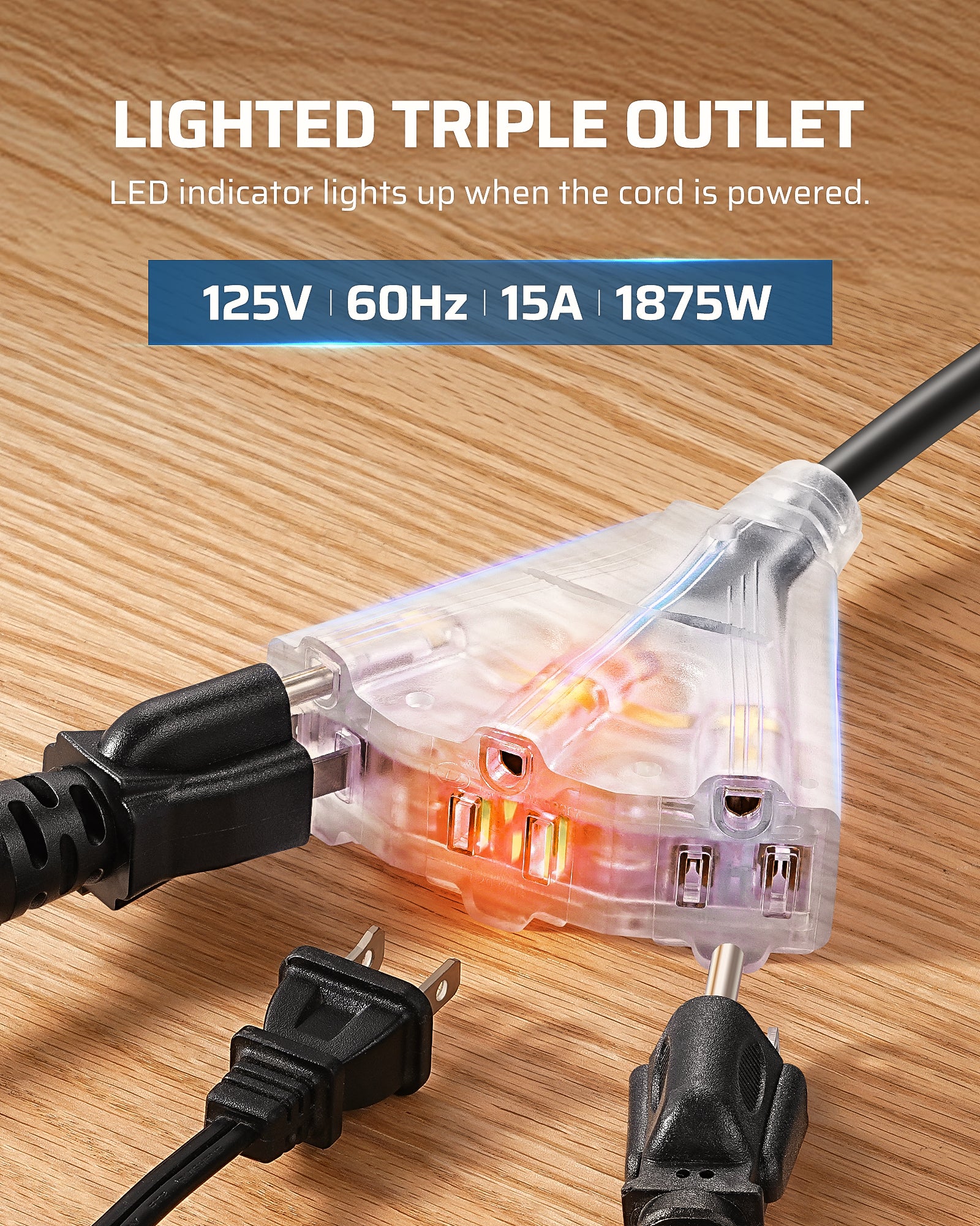 75FT Extension Cord Reel: Lighted triple outlet with LED power indicator. Supports 125V/60Hz/15A/1875W for high-capacity use across multiple devices.
